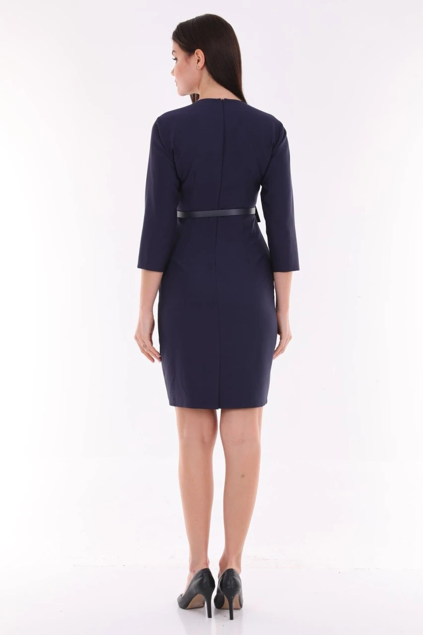 etselements Kruvaze Yaka Cep Detaylı Kemerli Ofis Elbise ETS1753