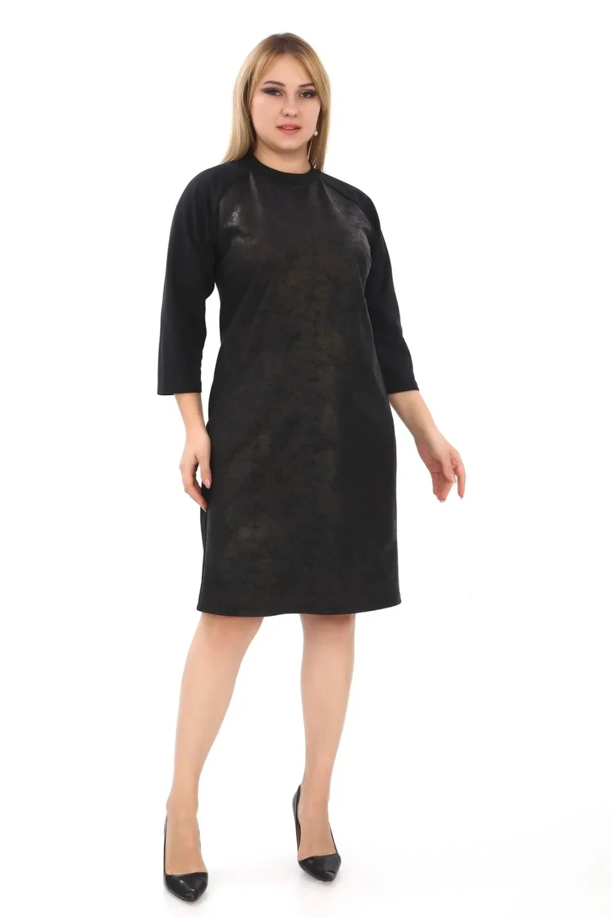 Deri Görünüm Detaylı Bisiklet Yaka Midi Boy Abiye Elbise 6786