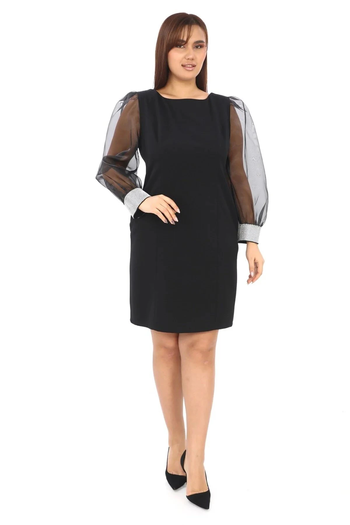 Bilek Ve Sırt Taş Detaylı U Yaka Midiboy Elbise