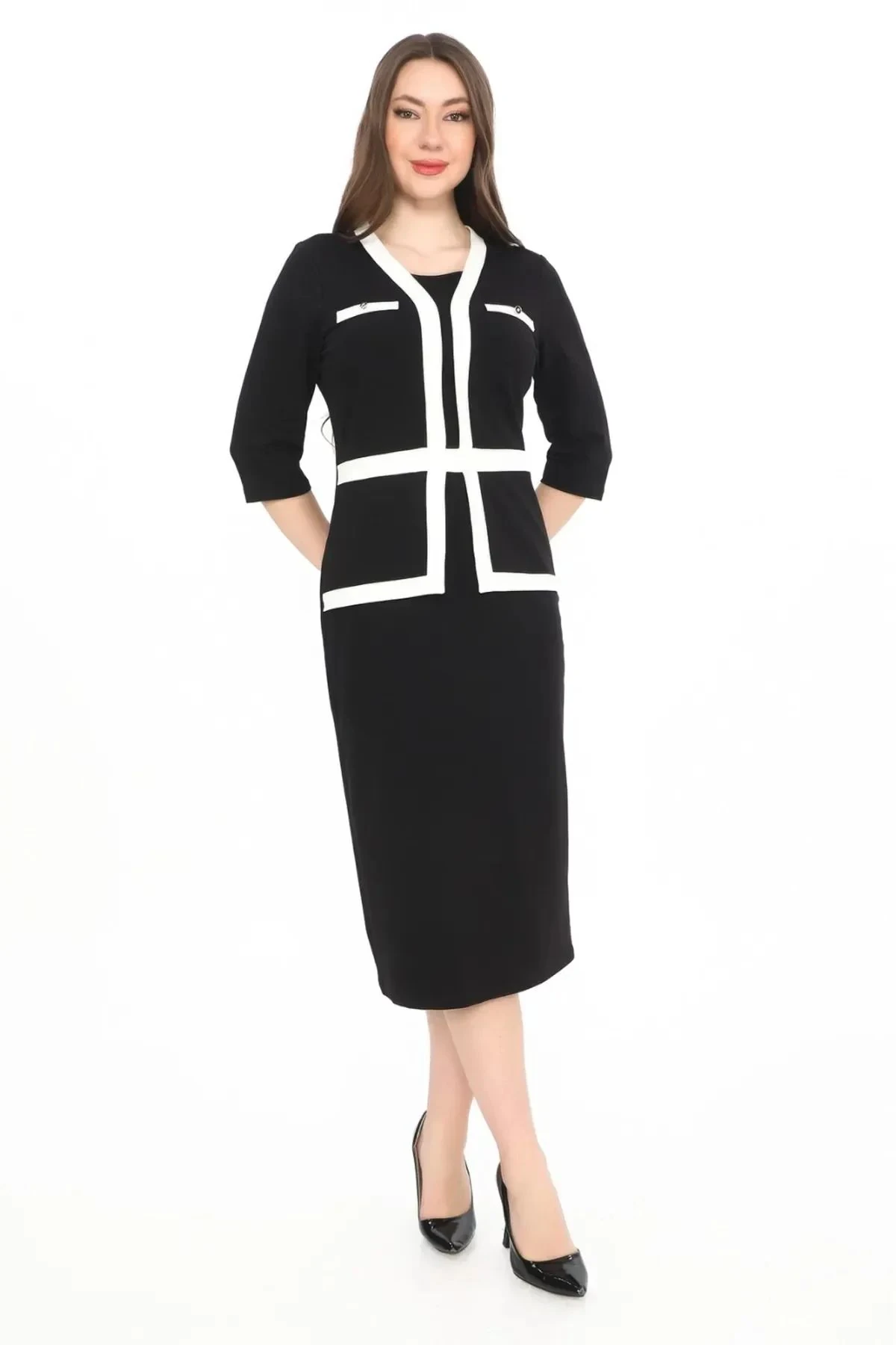 Beyaz Garni Detaylı Düğme Detaylı Takım Görünümlü Elbise