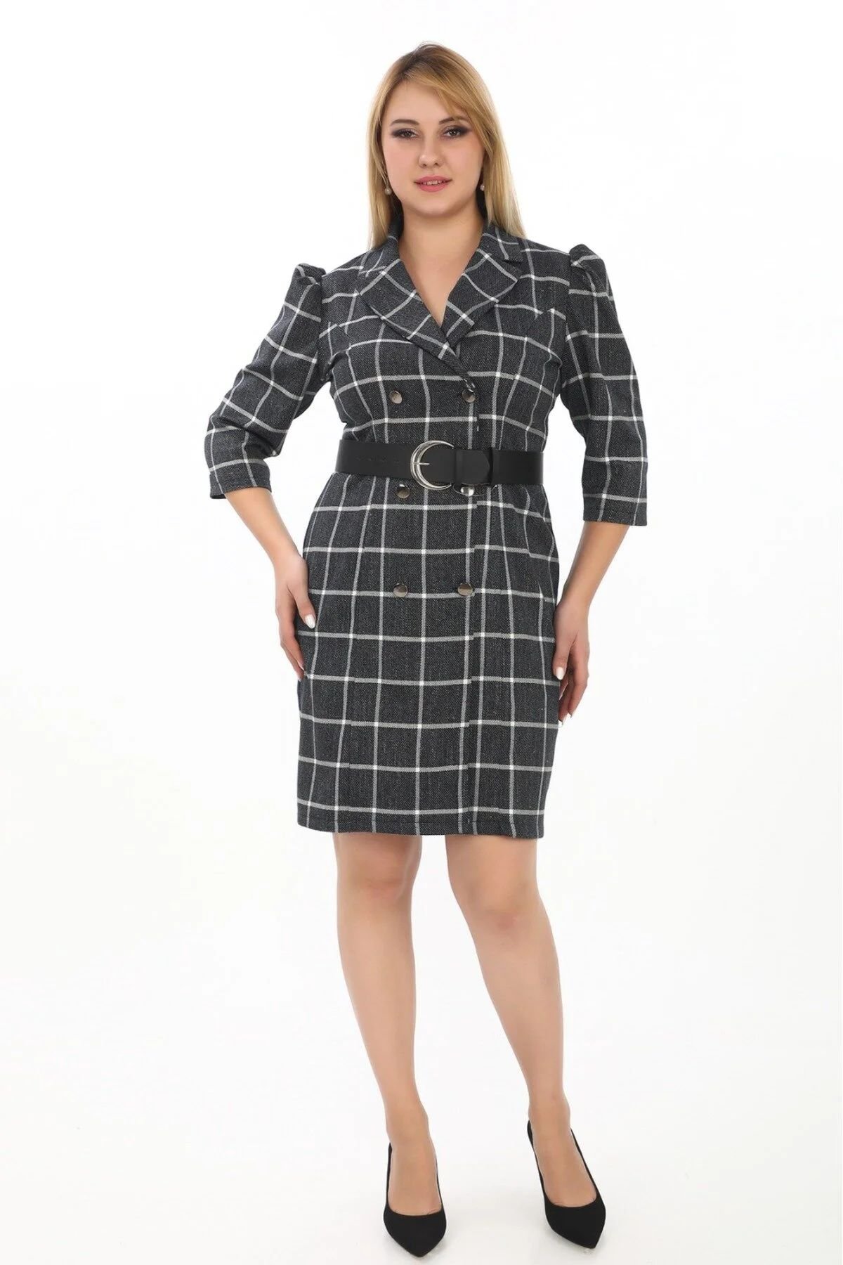 Kemer Detaylı Ekoseli Kabarık Omuz Detaylı Elbise