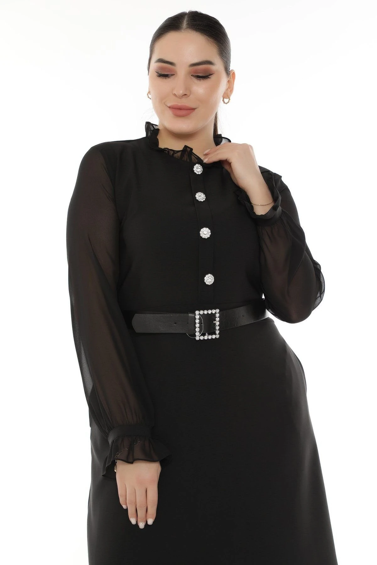 etselements Kol Kısmı Şifon Detaylı Önü Düğmeli Kemerli Elbise ETS9165