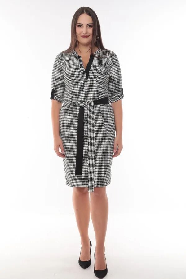 MODAPO Kadın Düğmeli Yaka Kuşaklı Kazayağı Midi Büyük Beden Elbise MDP4225