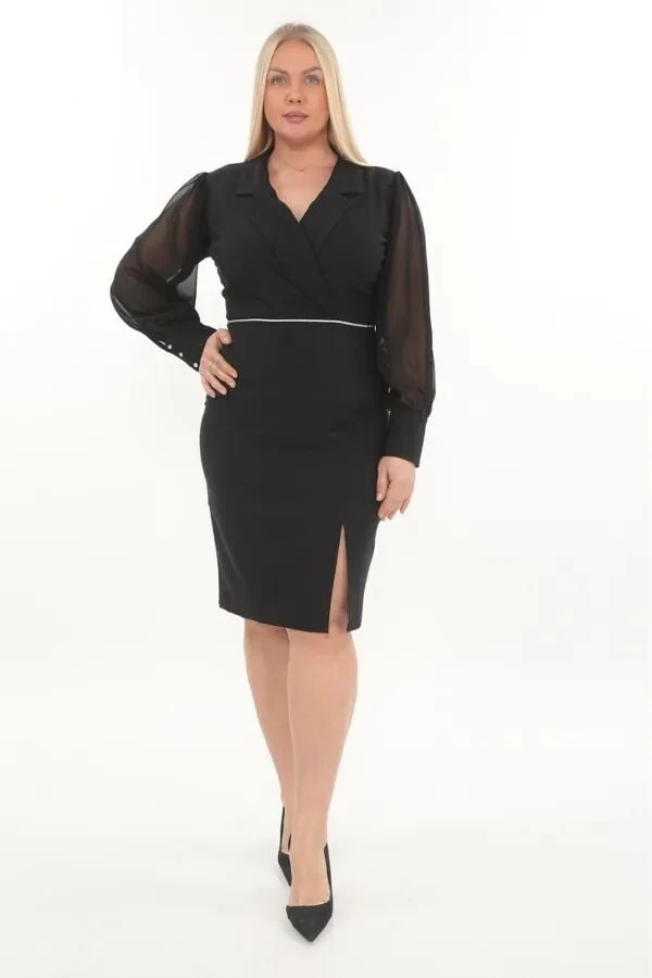 etselements X Modapo Kadın Kolu Tüylü Kruvaze Yırtmaçlı Elbise MDP7363