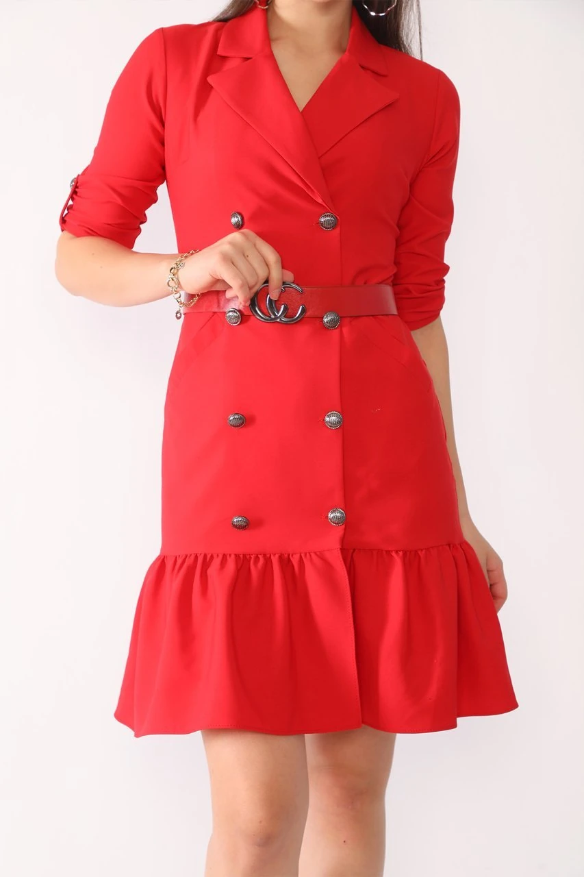 Kuşaklı Cep Ve Düğme Detaylı Ofis Elbise ETS2