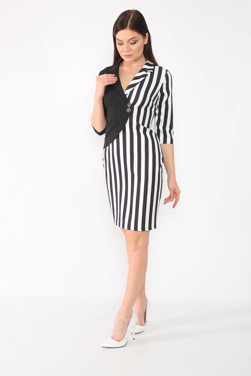 etselements Truvakar Kol Çizgili Kruvaze Ve Düğmeli Ofis Elbisesi