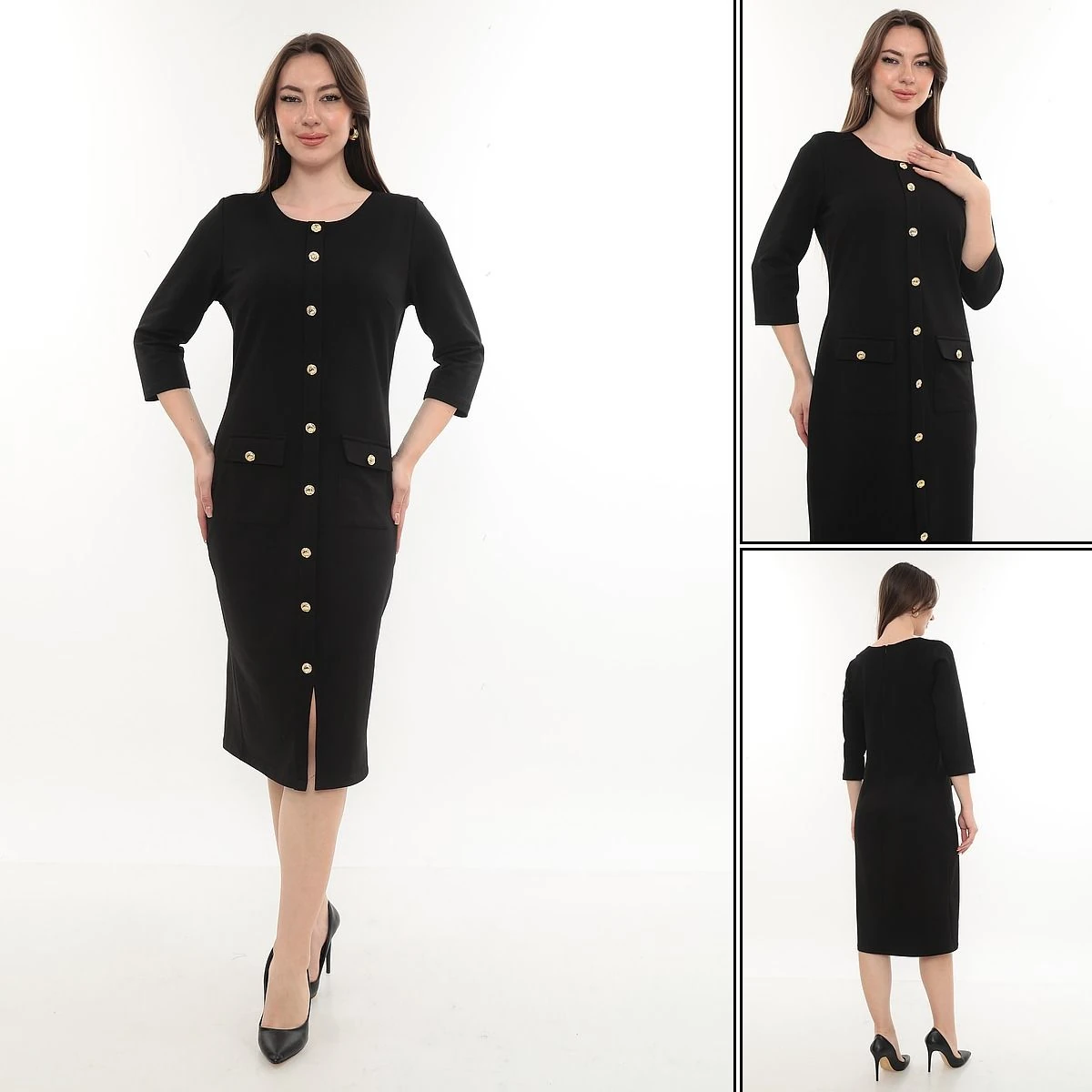 Bisiklet Yaka Önden Düğmeli Cepli Elbise