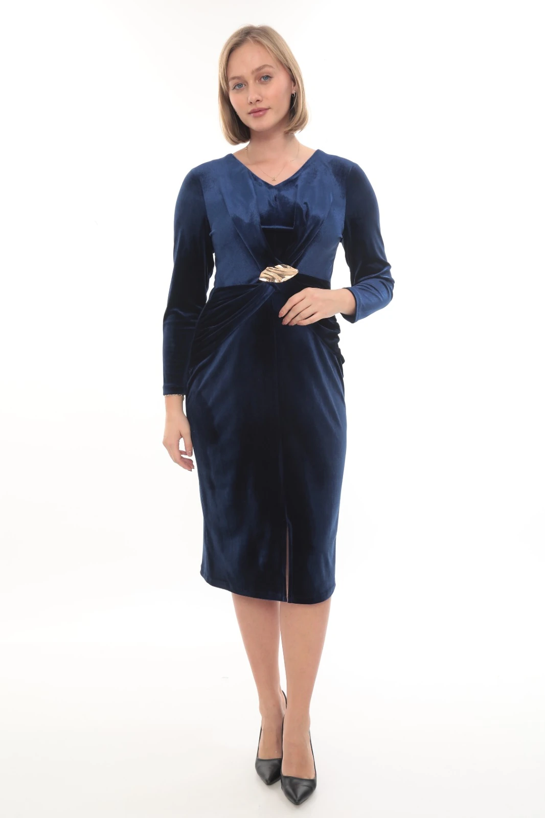  Lüks Kadife Kumaş Şık Toka Detaylı Elbise Ets1006