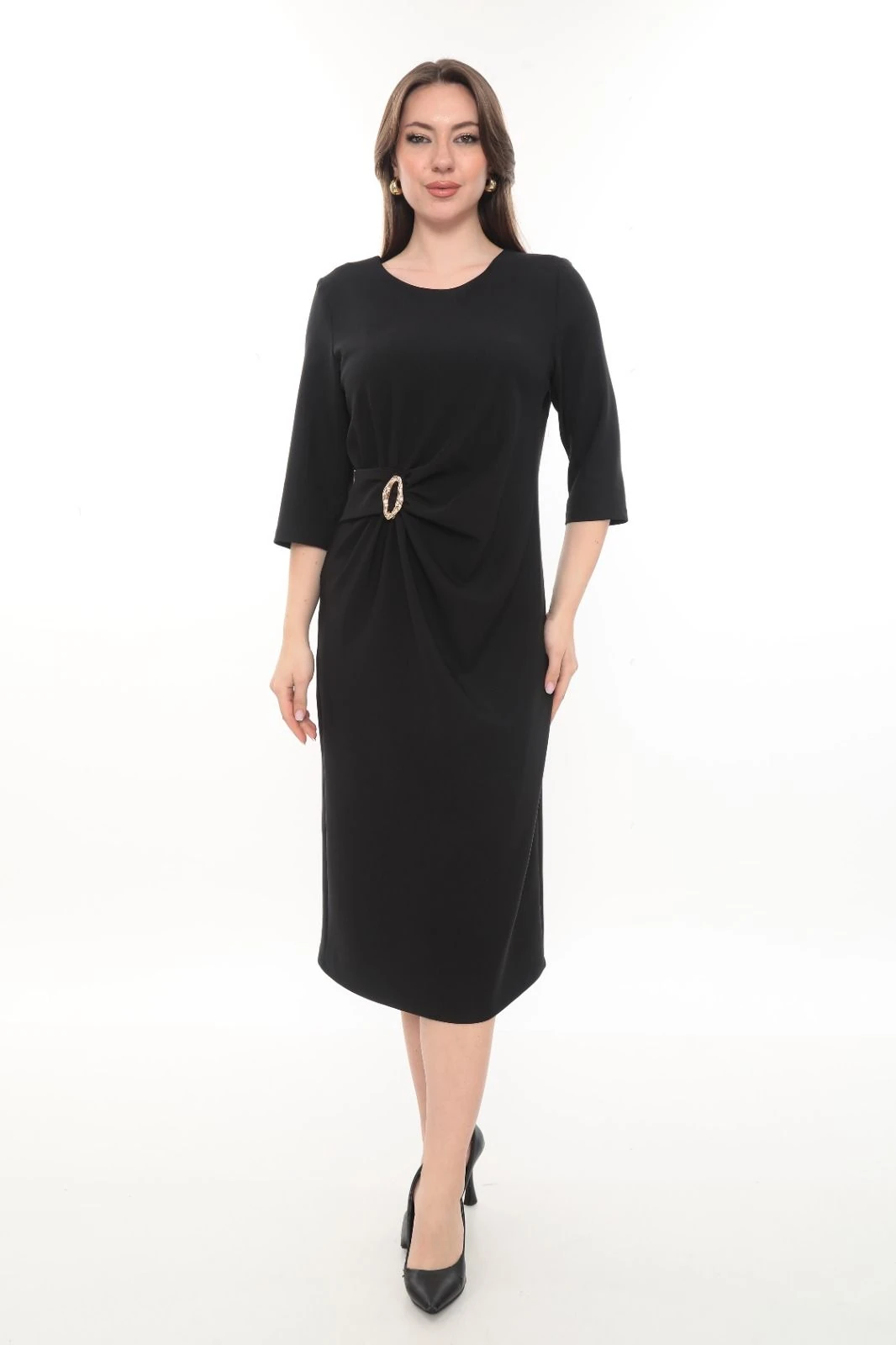 BELDEN ŞIK TOKA BÜZGÜLÜ ELBİSE ETS1005