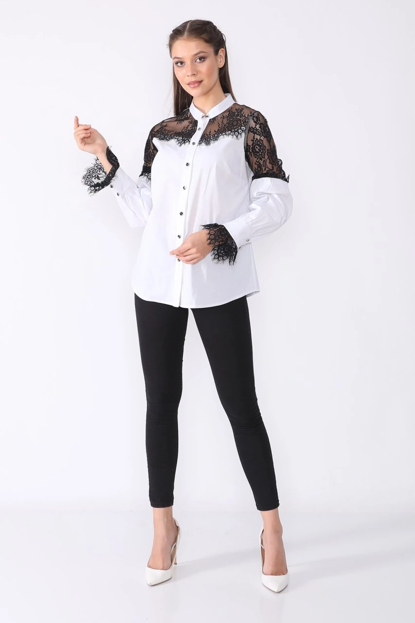 Beyaz Yaka ve Kol Dantel Detaylı Gömlek ETS5789634