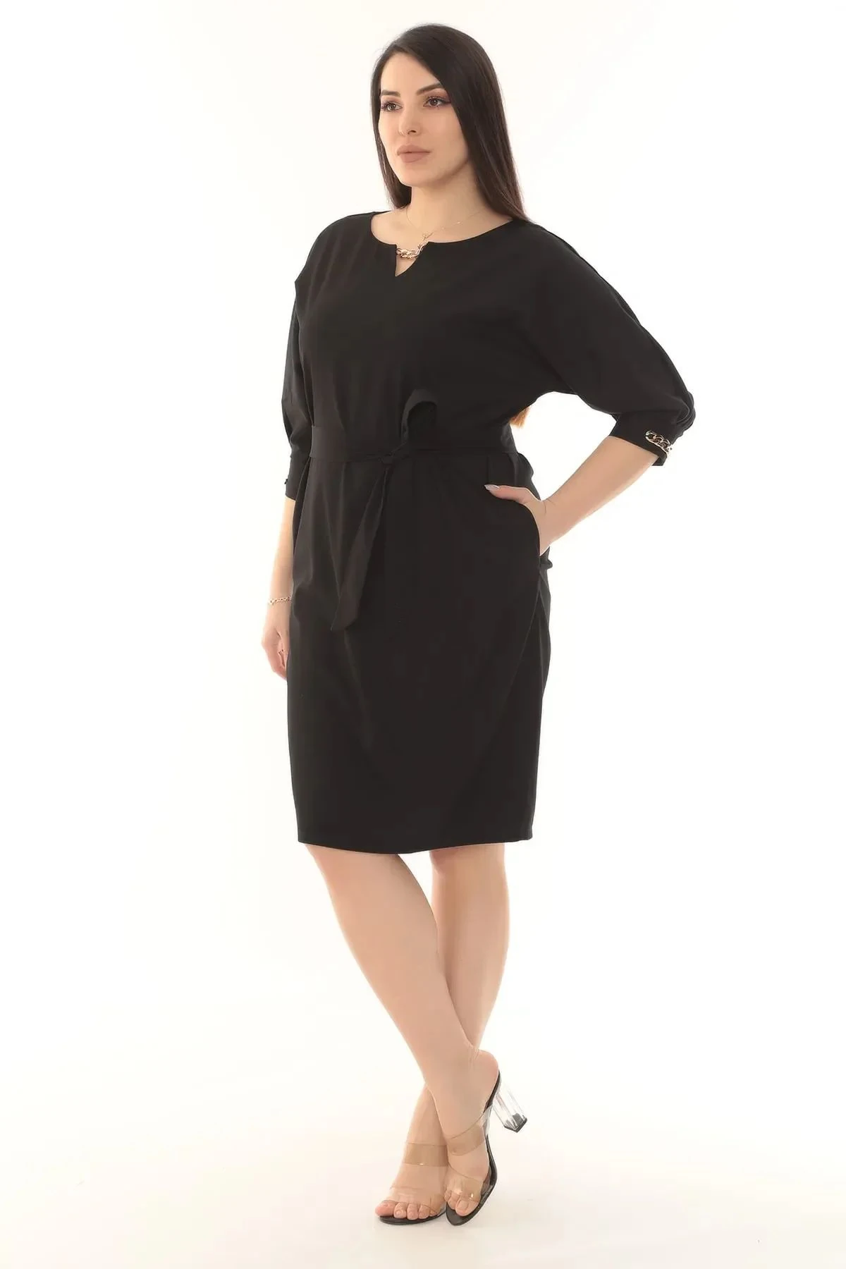 etselements Bisiklet Yaka Zincir Detaylı Kuşaklı Düz Renk Midi Elbise ETS3391