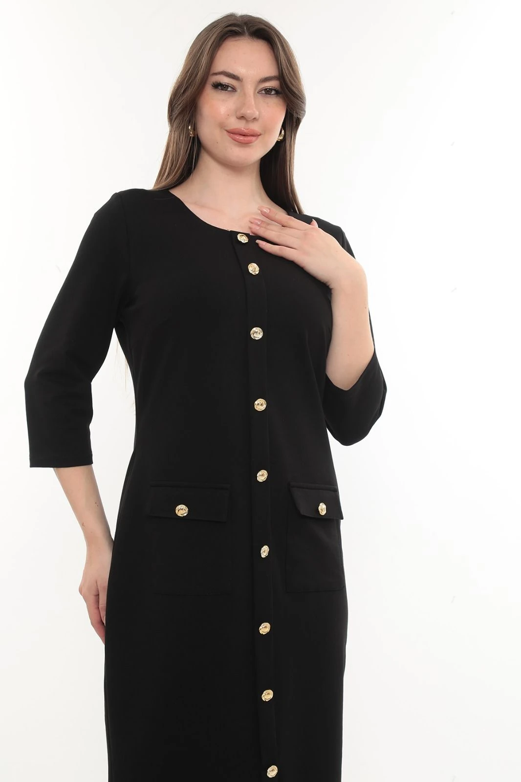 Bisiklet Yaka Önden Düğmeli Cepli Elbise