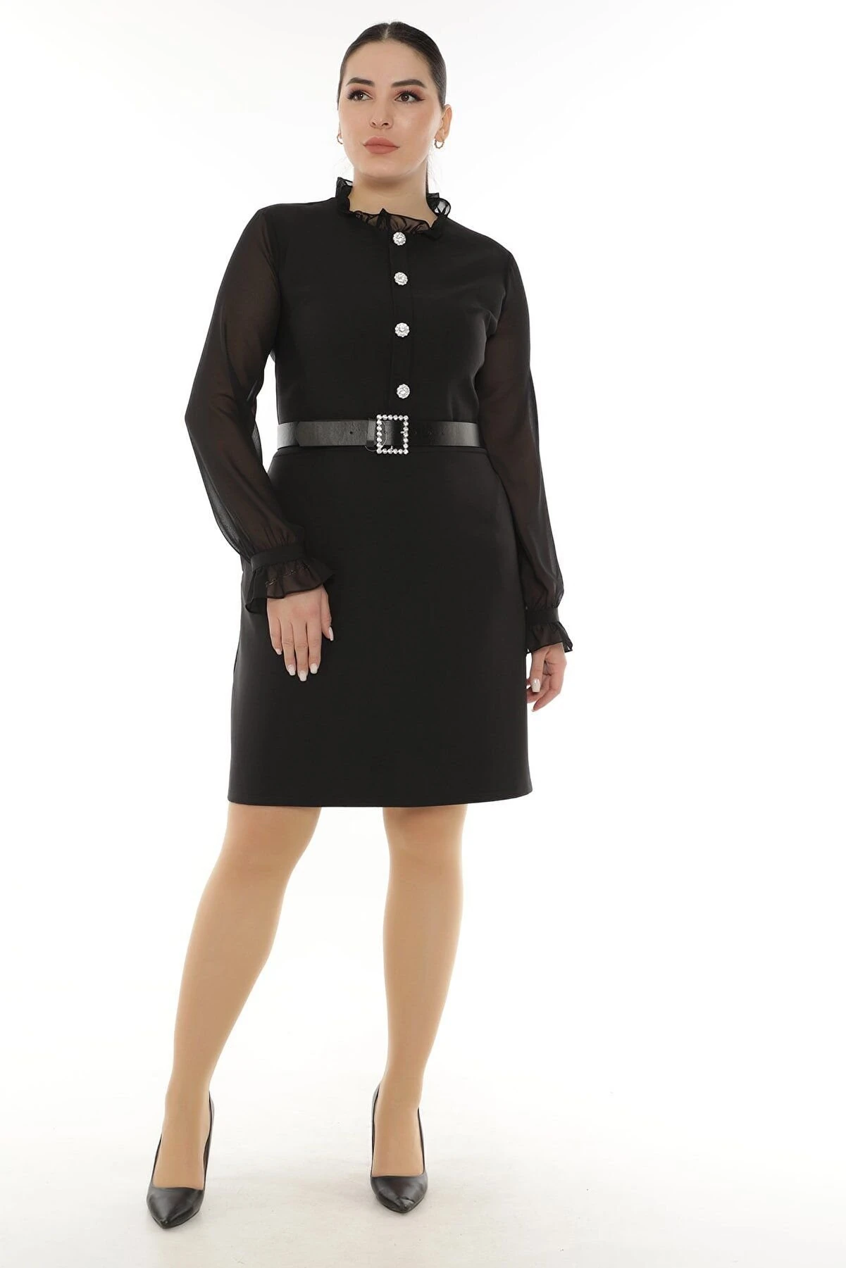 etselements Kol Kısmı Şifon Detaylı Önü Düğmeli Kemerli Elbise ETS9165