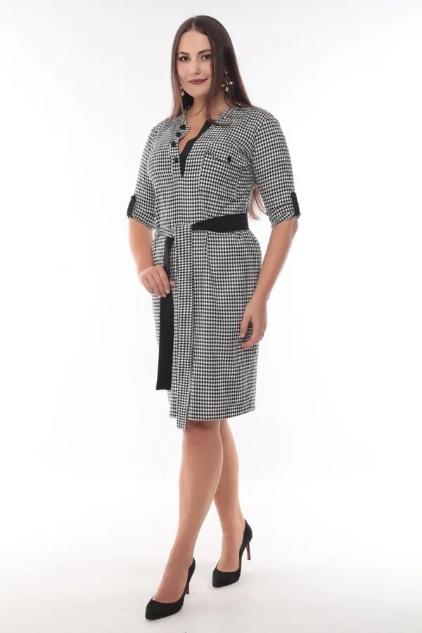 MODAPO Kadın Düğmeli Yaka Kuşaklı Kazayağı Midi Büyük Beden Elbise MDP4225