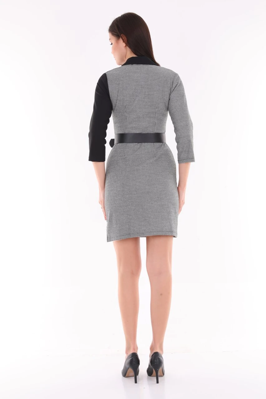 Kruvaze Truvakar Kollu Düğme Ve Kemer Detaylı Kazayağı Ofis Elbise ETS9519