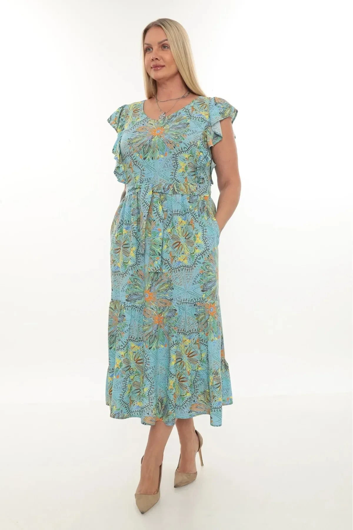 V Yaka Kuşaklı Desenli Uzun Viskon Elbise