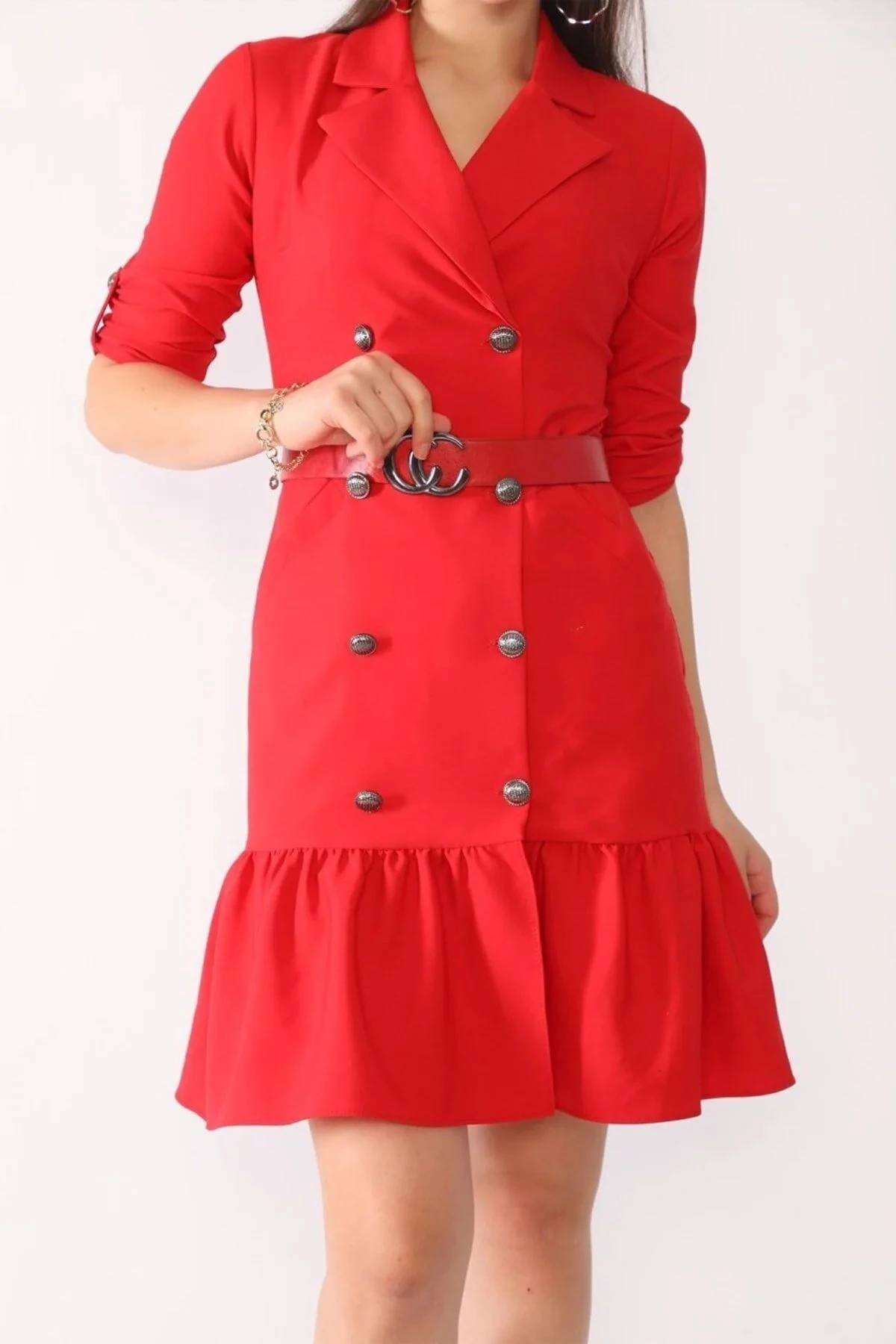 Kadın Kırmızı Kuşaklı Cep ve Düğme Detaylı Ofis Elbise