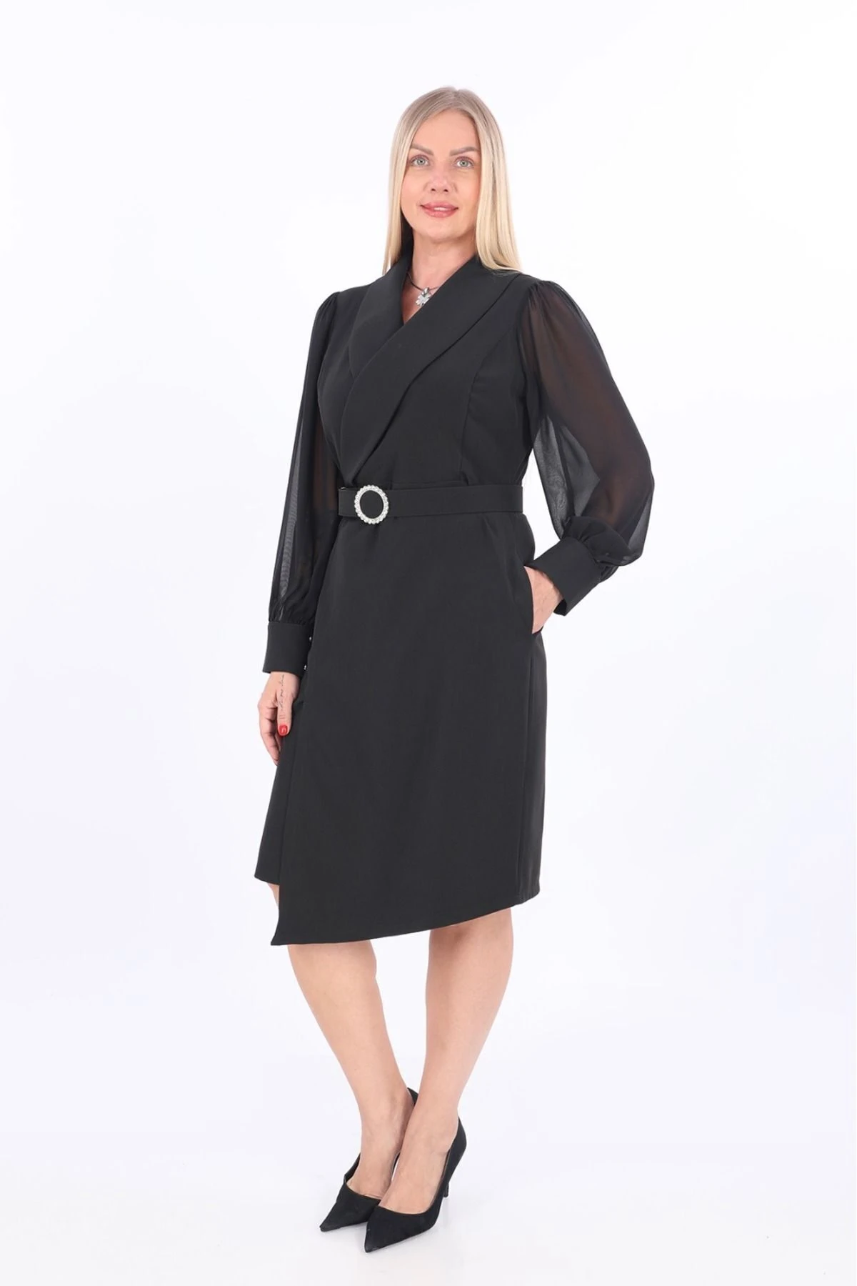 Kruvaze Yakalı Kemer Detaylı Şifon Abiye Elbise