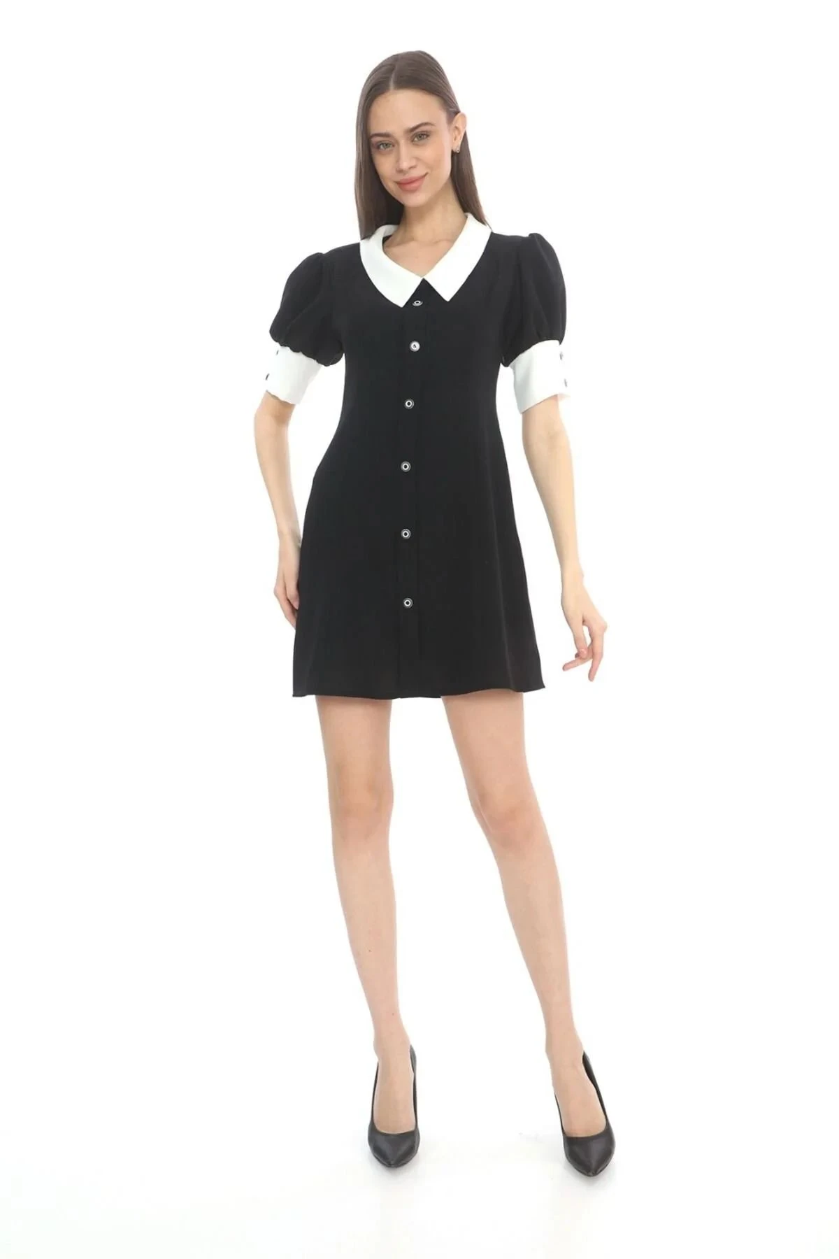 Siyah Beyaz Bebe Yaka Kısa Kollu Düğmeli Kısa Mini Elbise