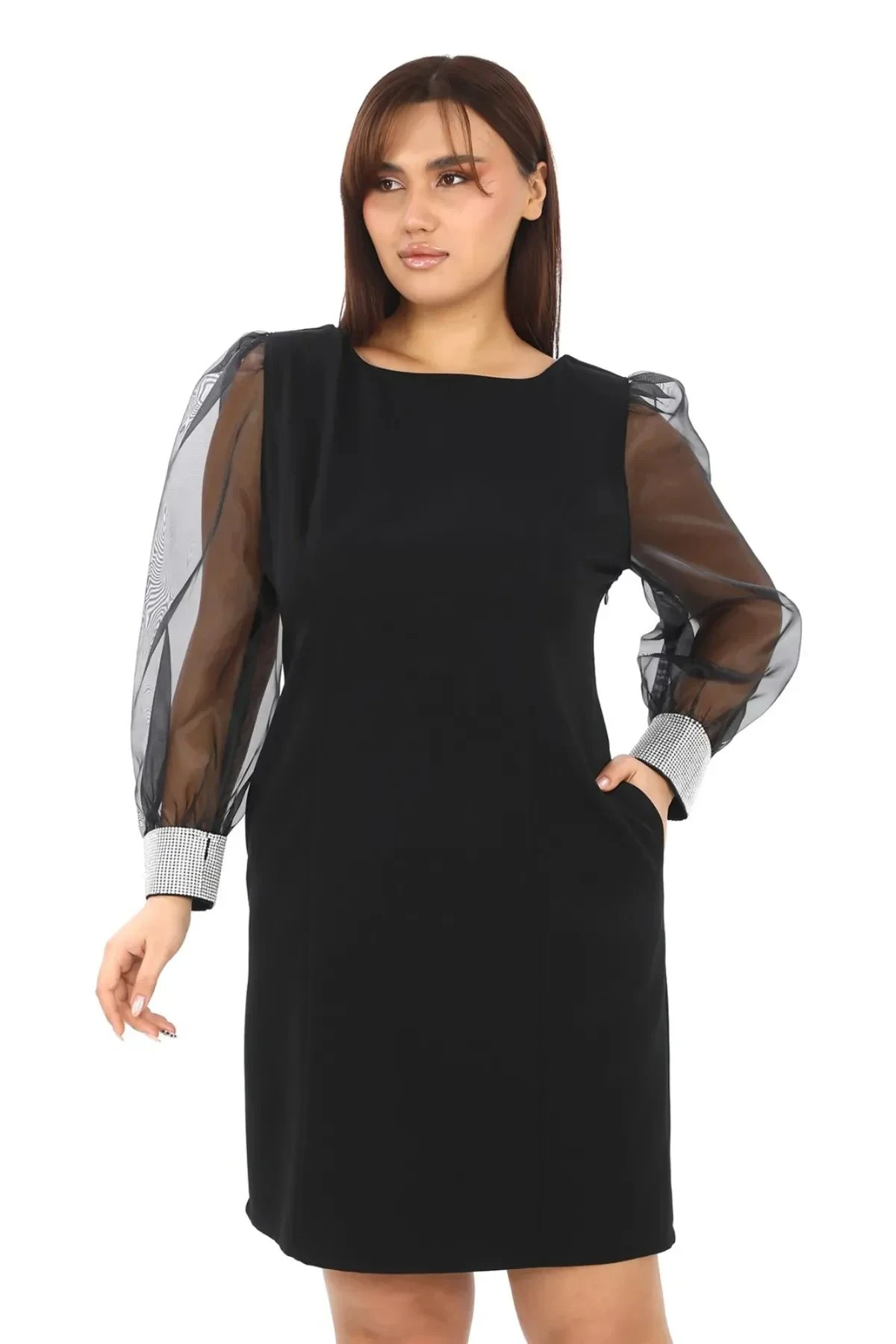 Bilek Ve Sırt Taş Detaylı U Yaka Midiboy Elbise