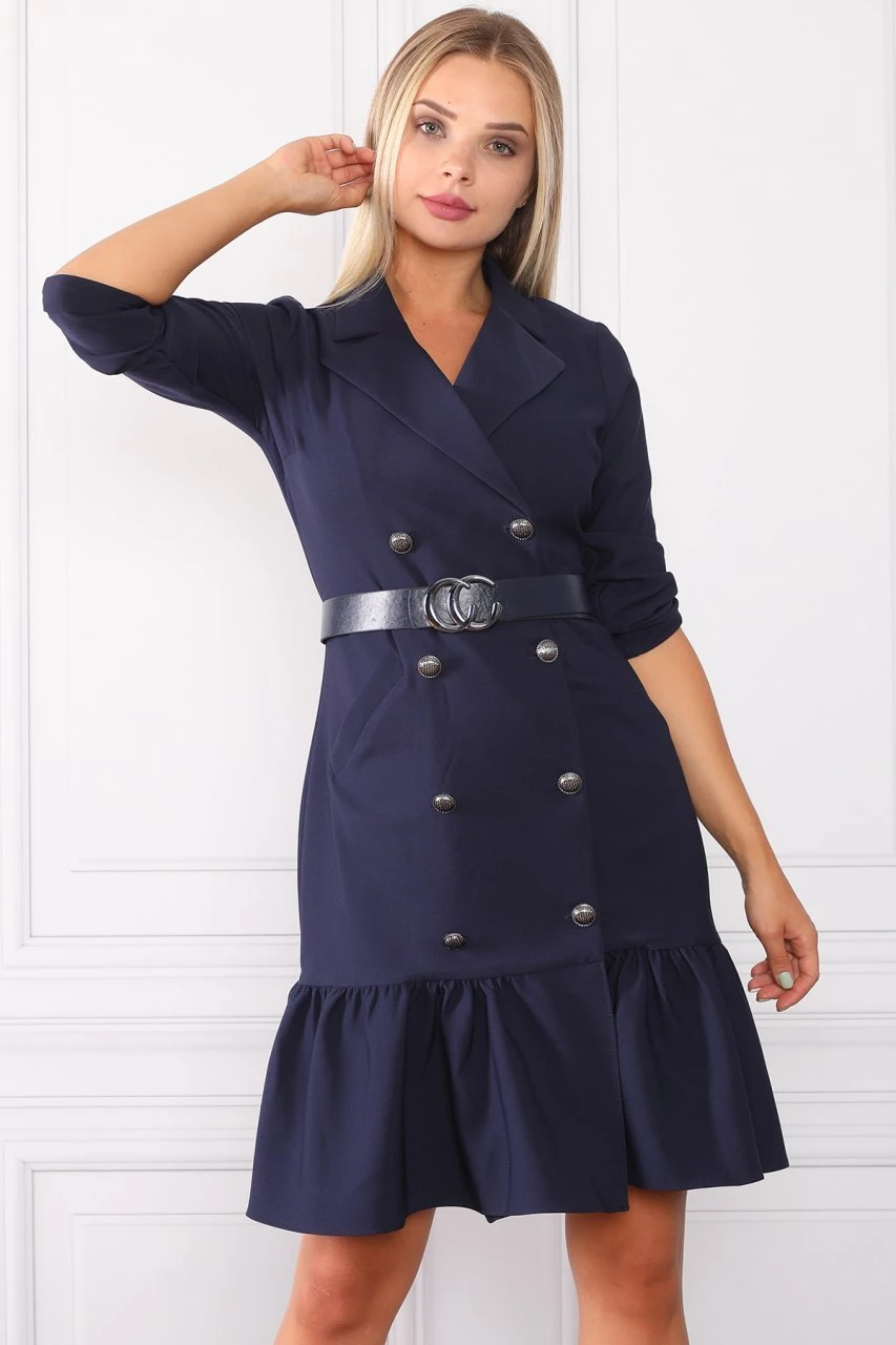 Lacivert Kuşaklı Cep Ve Düğme Detaylı Ofis Elbise ETS2