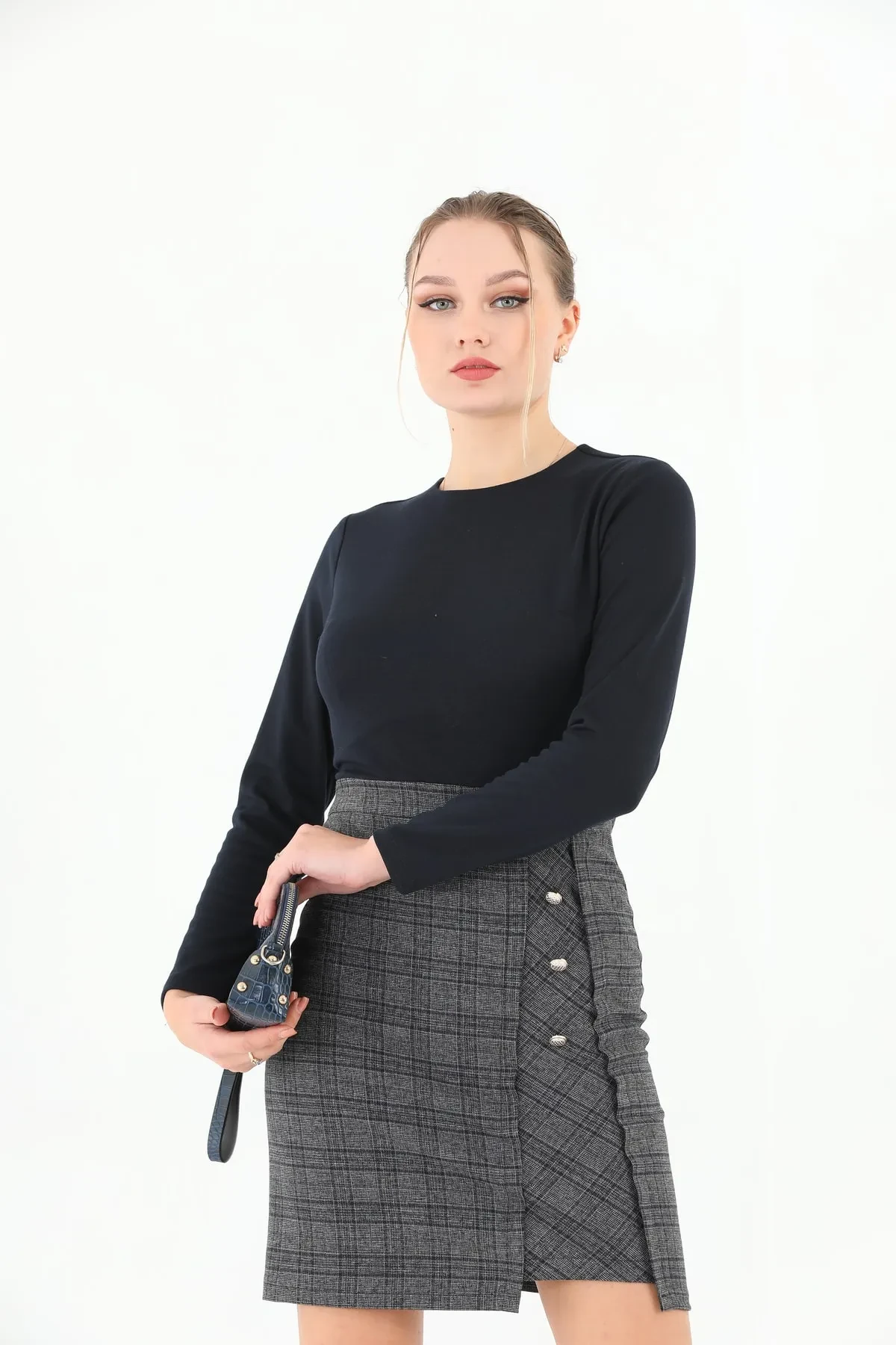 etselements X Modapo Kadın Düğme Detaylı Etek Kısmı Ekoseli Mini Ofis Elbise ETS6690