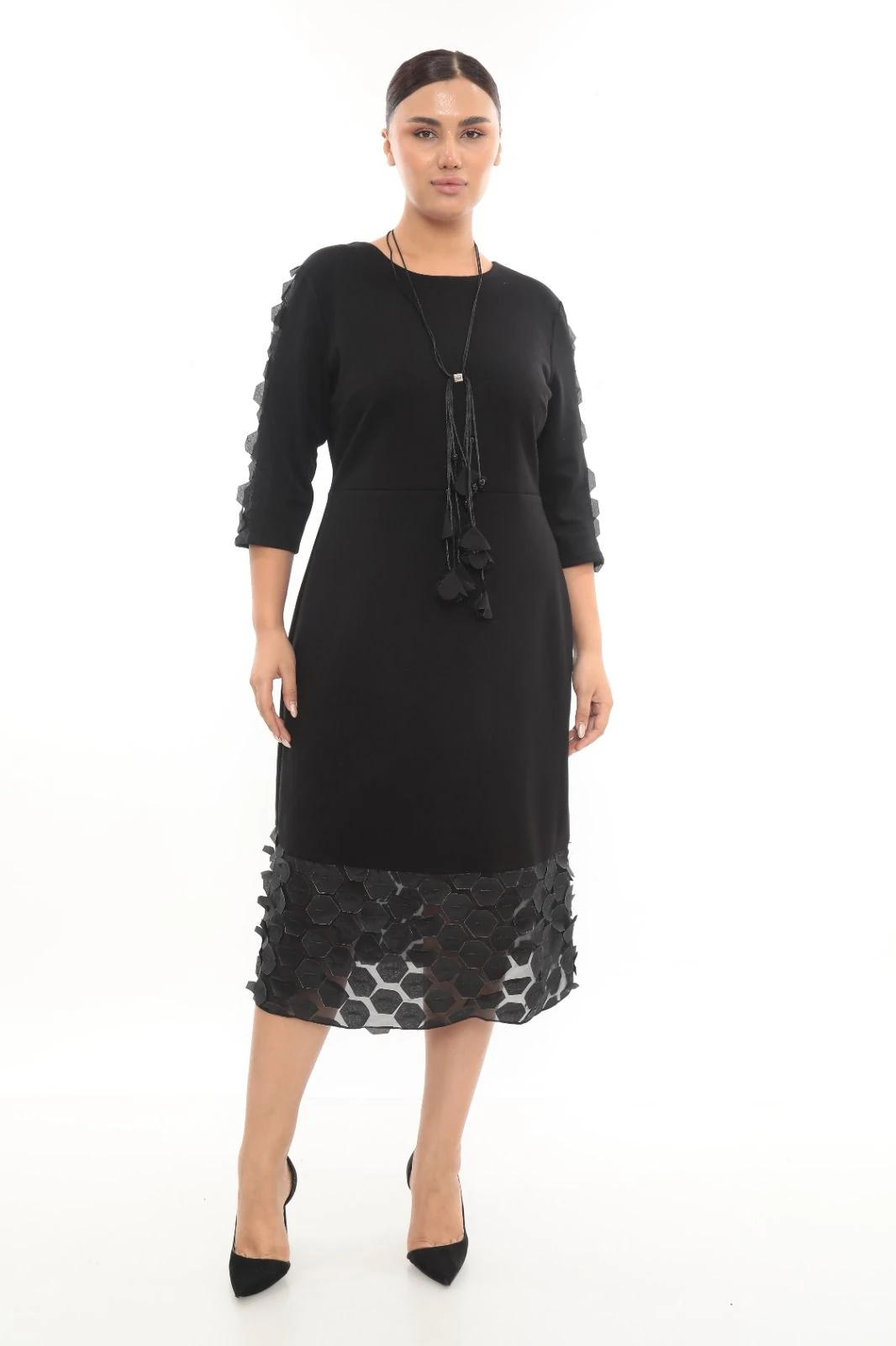 3D DETAYLI MİDİ BOY ŞIK ELBİSE ETS7215