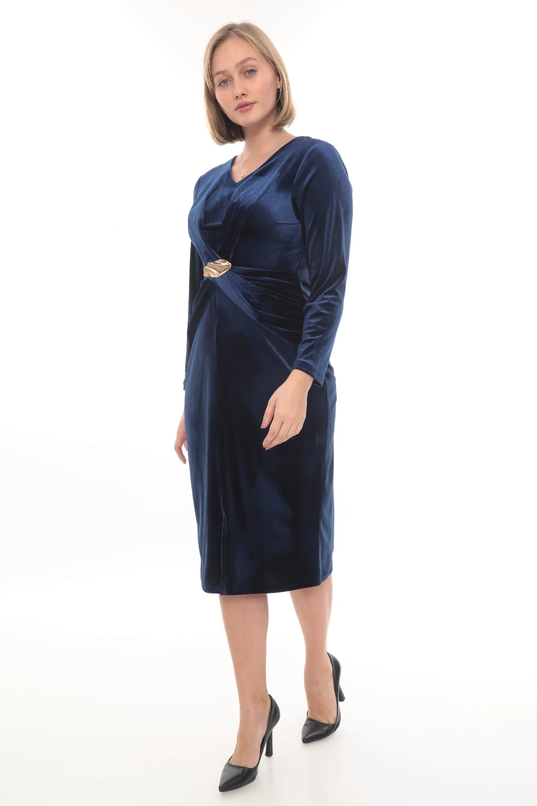  Lüks Kadife Kumaş Şık Toka Detaylı Elbise Ets1006