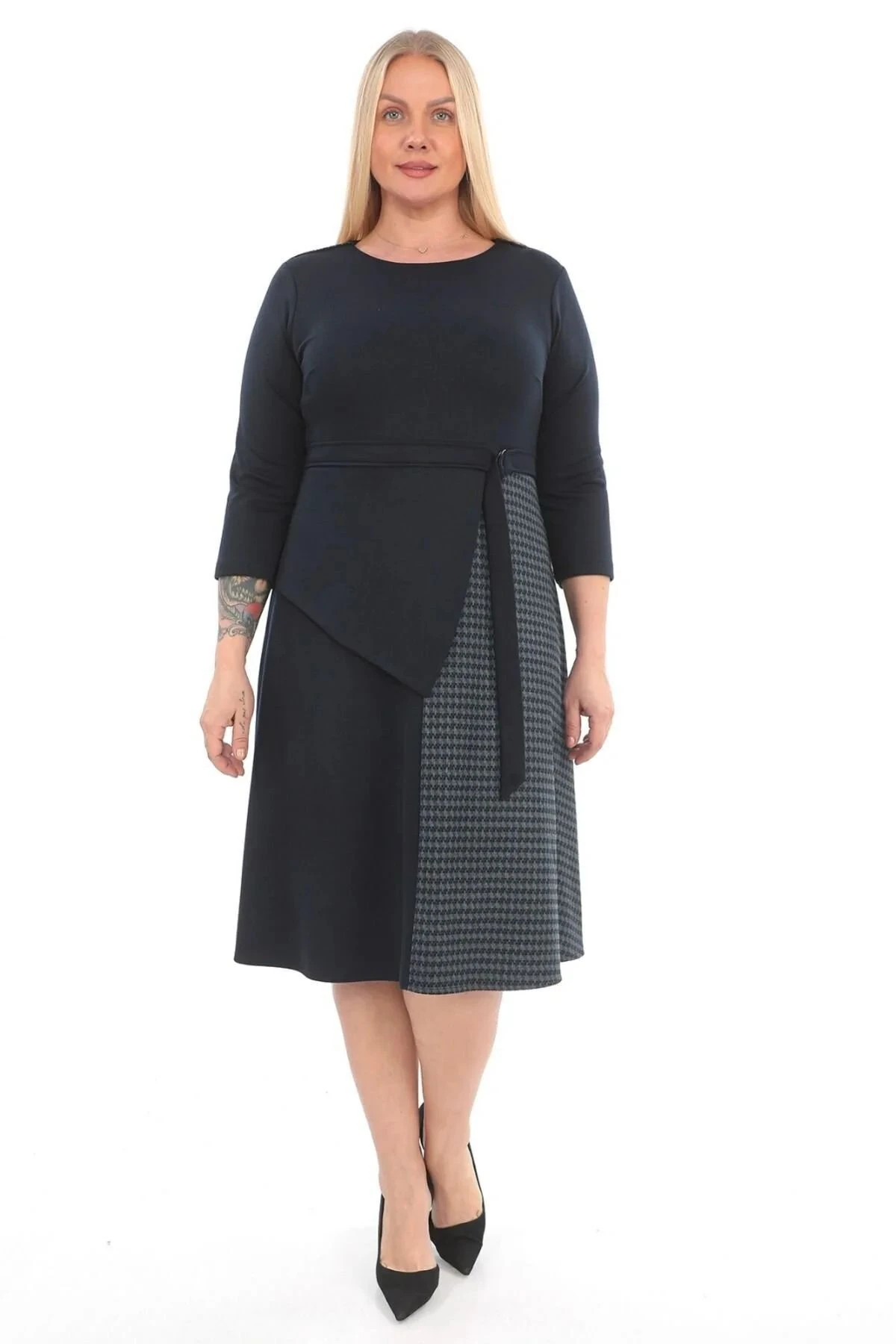 Kadın Siyah Iki Renkli Ve Kuşak Detaylı Elbise