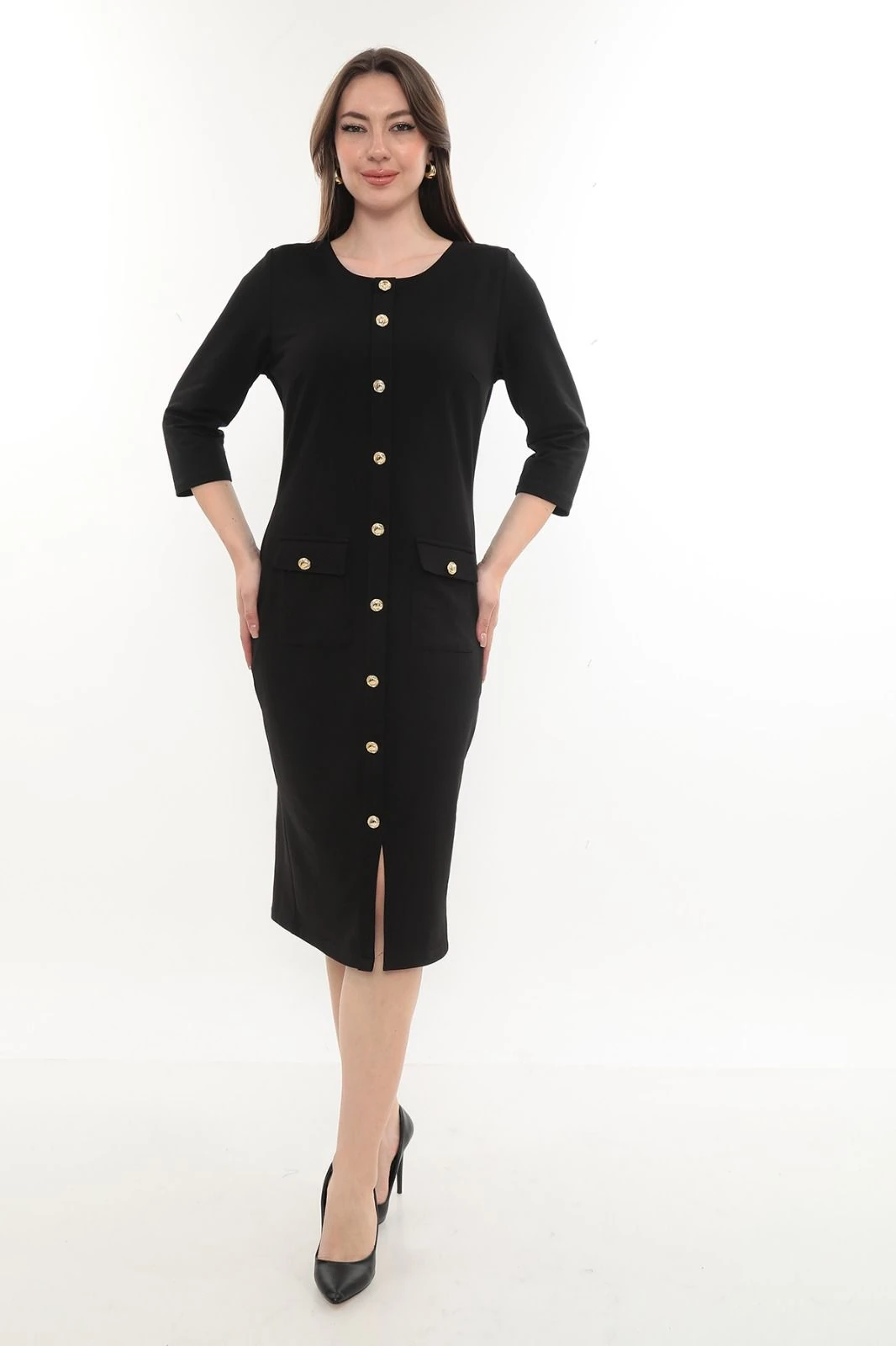Bisiklet Yaka Önden Düğmeli Cepli Elbise