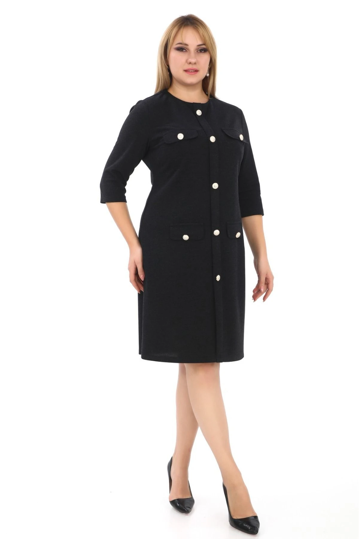 Bisiklet Yaka Düğme Detaylı Abiye Elbise 7070 Siyah