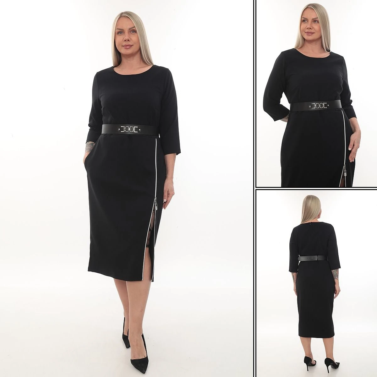 Fermuar Detaylı Kuşaklı Midi Siyah Elbise