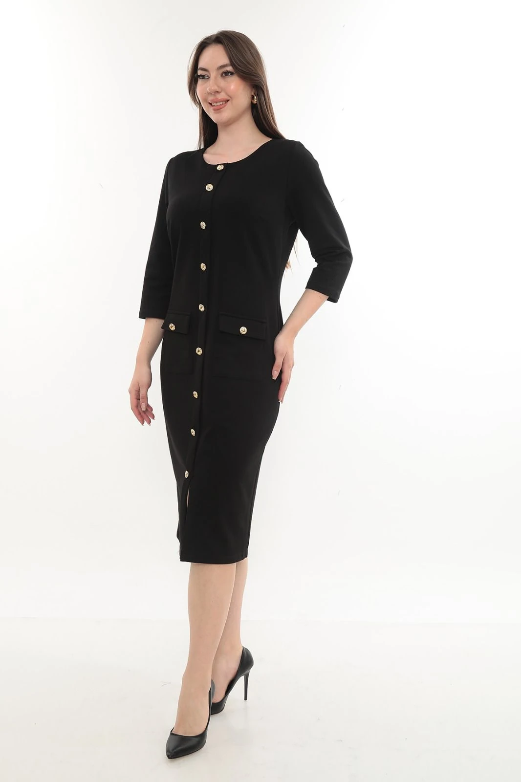 Bisiklet Yaka Önden Düğmeli Cepli Elbise