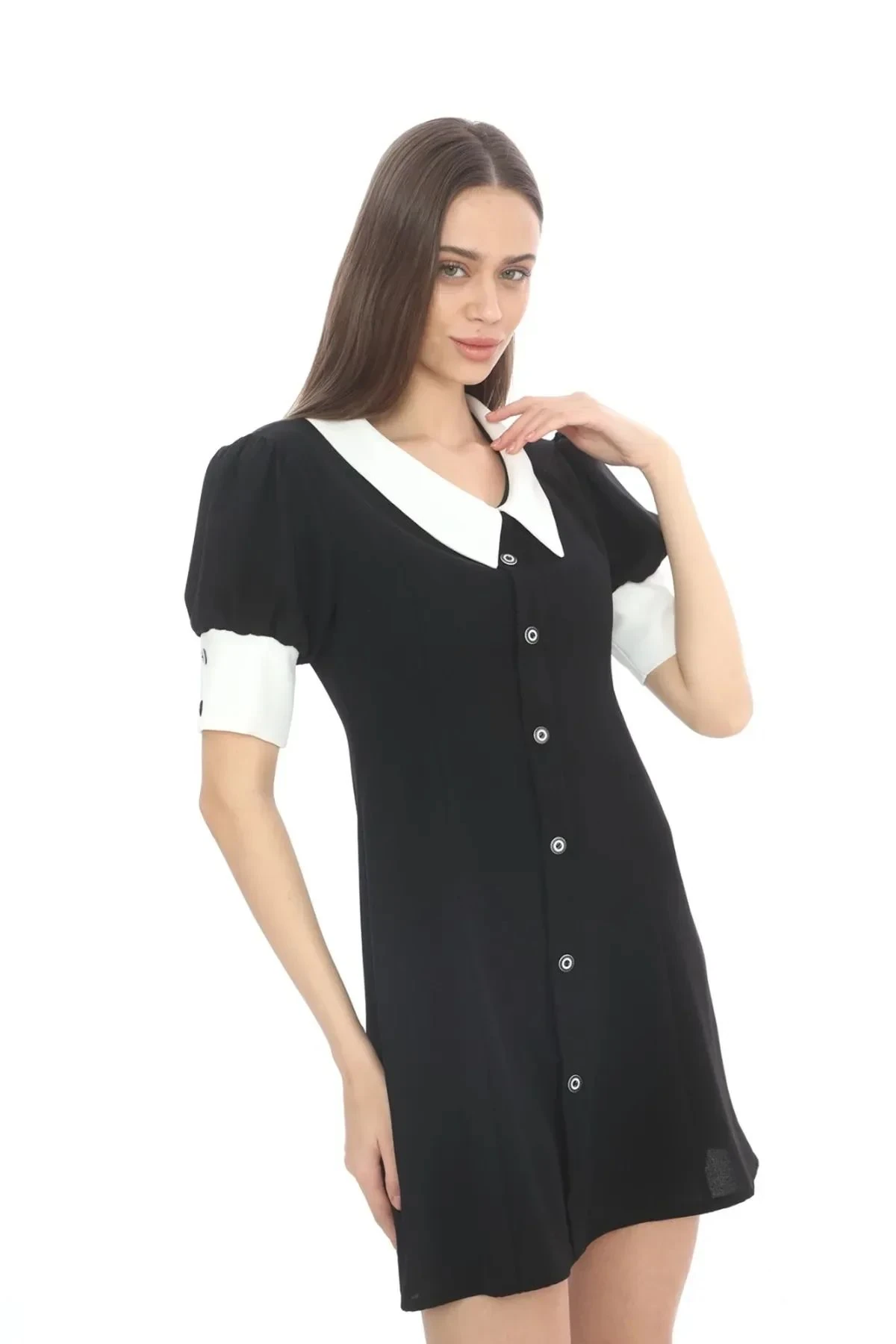 Siyah Beyaz Bebe Yaka Kısa Kollu Düğmeli Kısa Mini Elbise