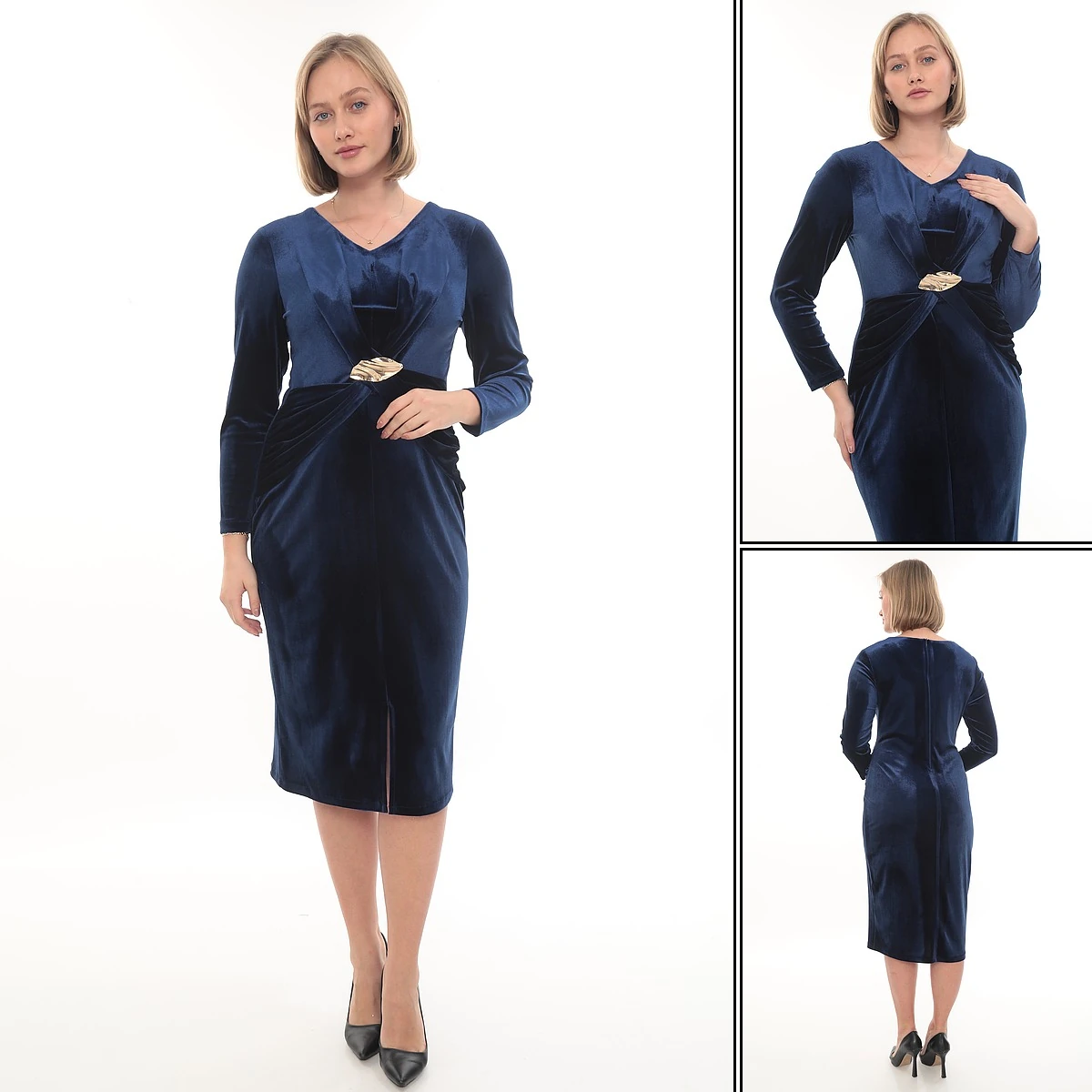  Lüks Kadife Kumaş Şık Toka Detaylı Elbise Ets1006