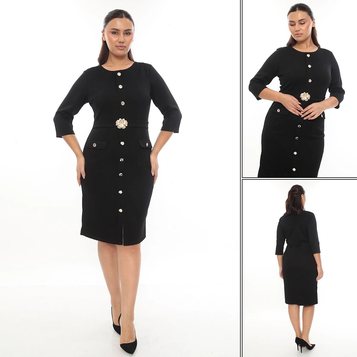 Siyah Çiçek Tokalı Düğme Detaylı Kemerli cepli Midi Elbise ETS7247