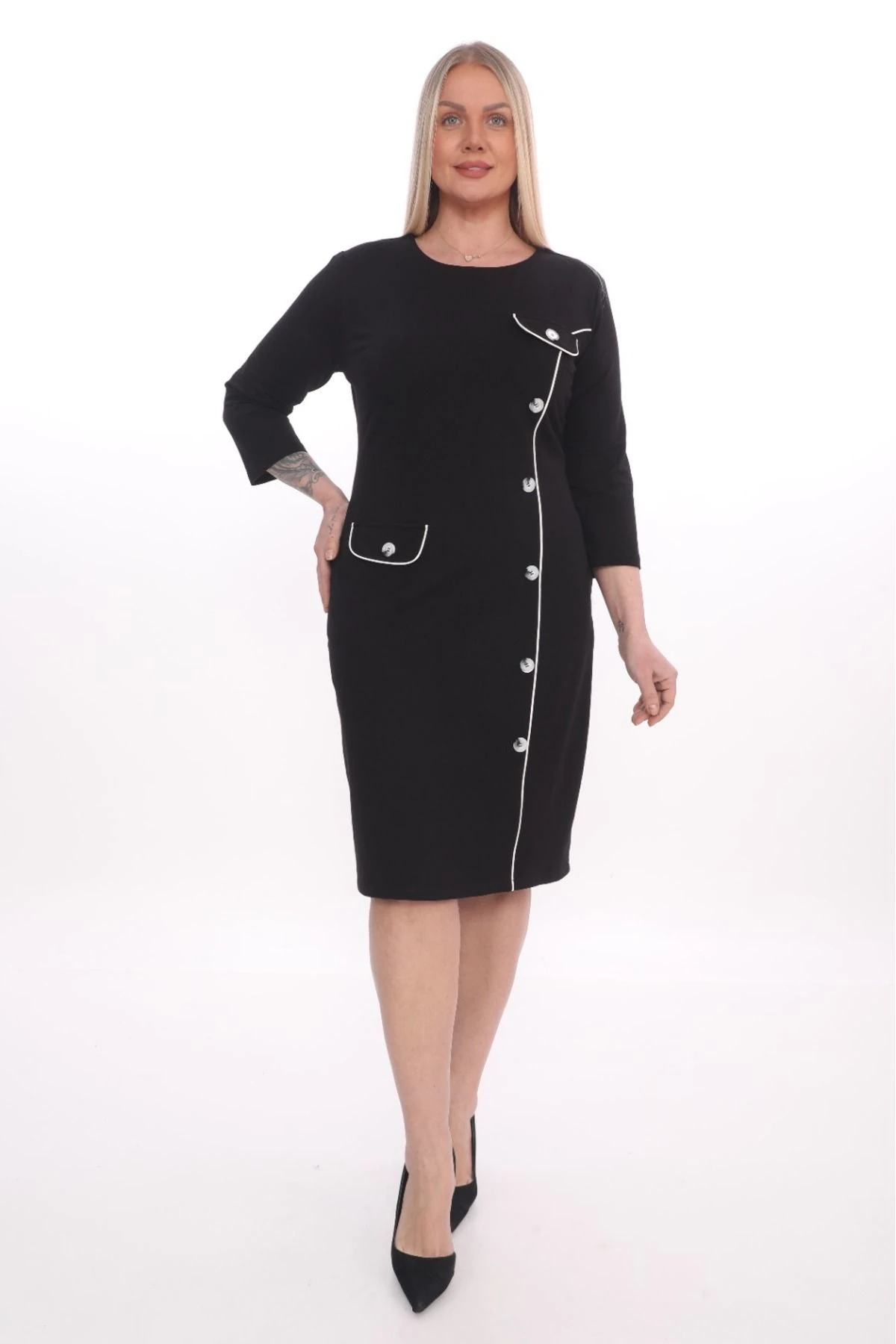 Kadın Düğmeli Biye Detaylı Büyük Beden Elbise