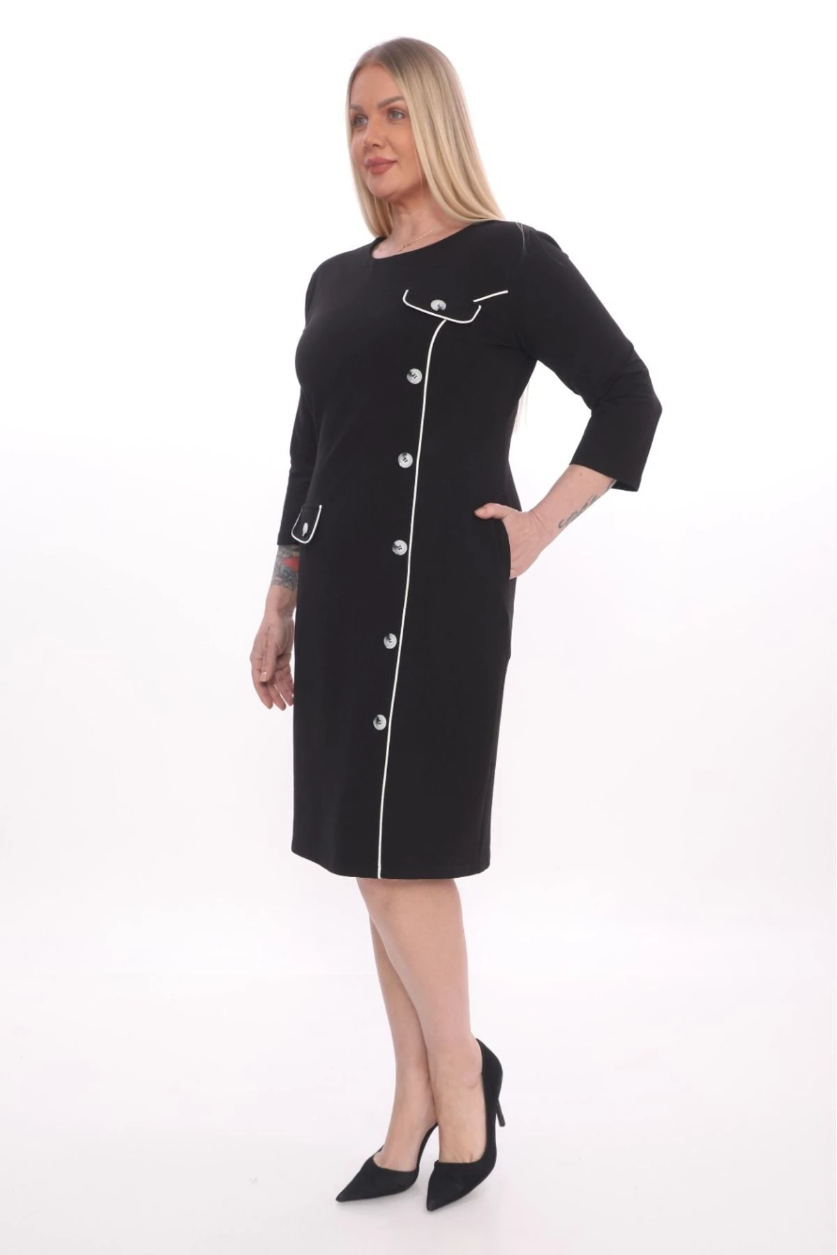 Kadın Düğmeli Biye Detaylı Büyük Beden Elbise