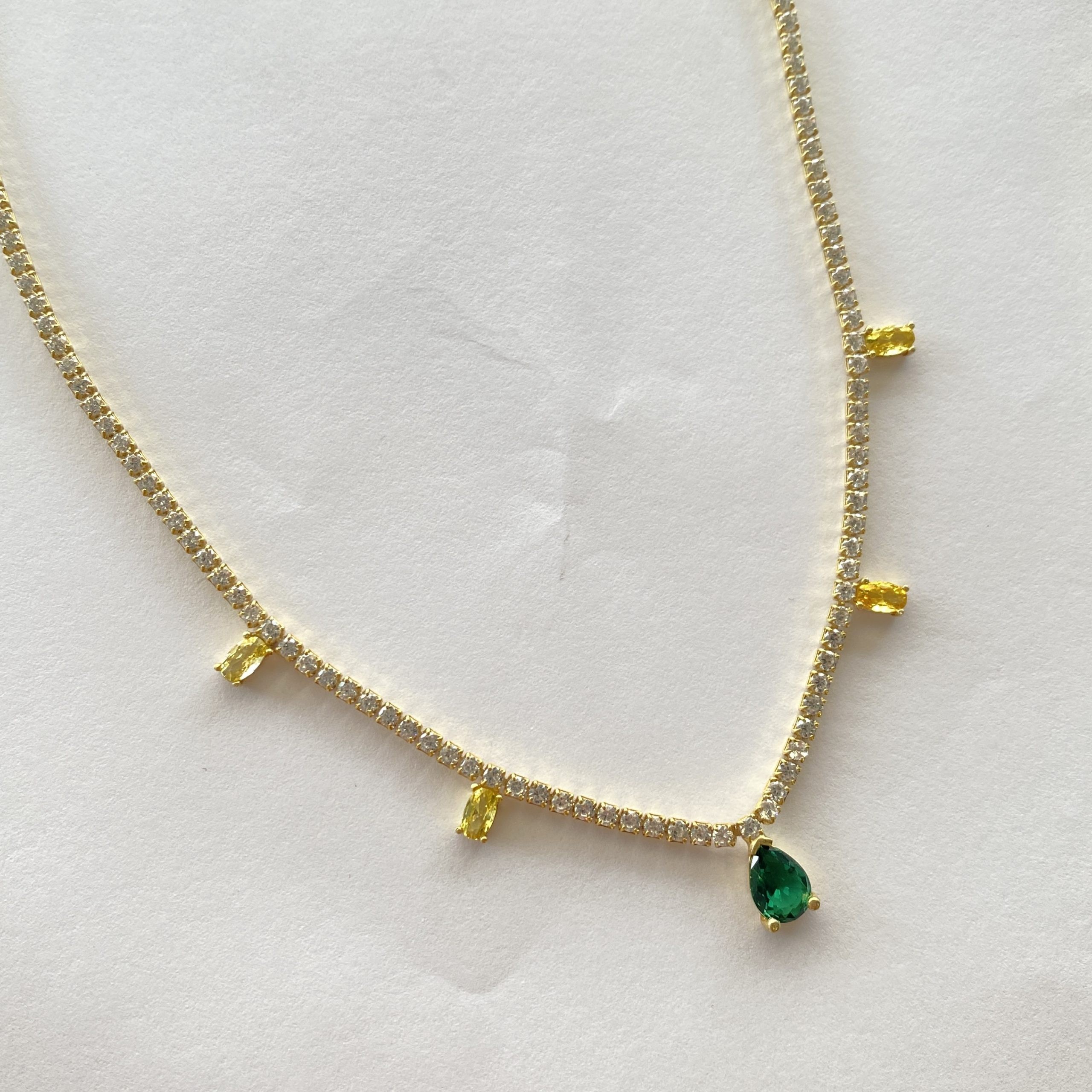 Green Drop Stone Tennis Necklace Gold