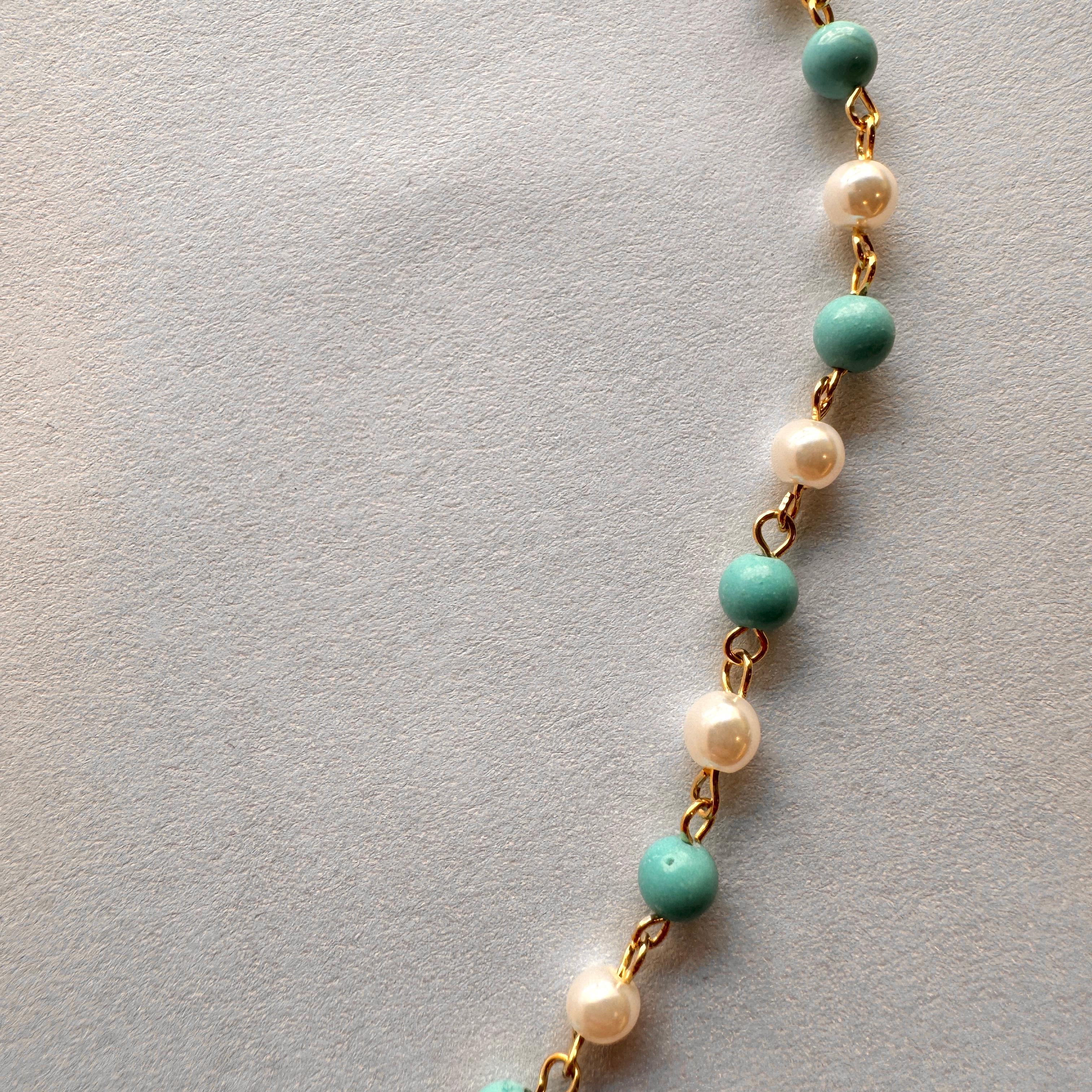 Turquoise and Pearl Row Necklace Gold