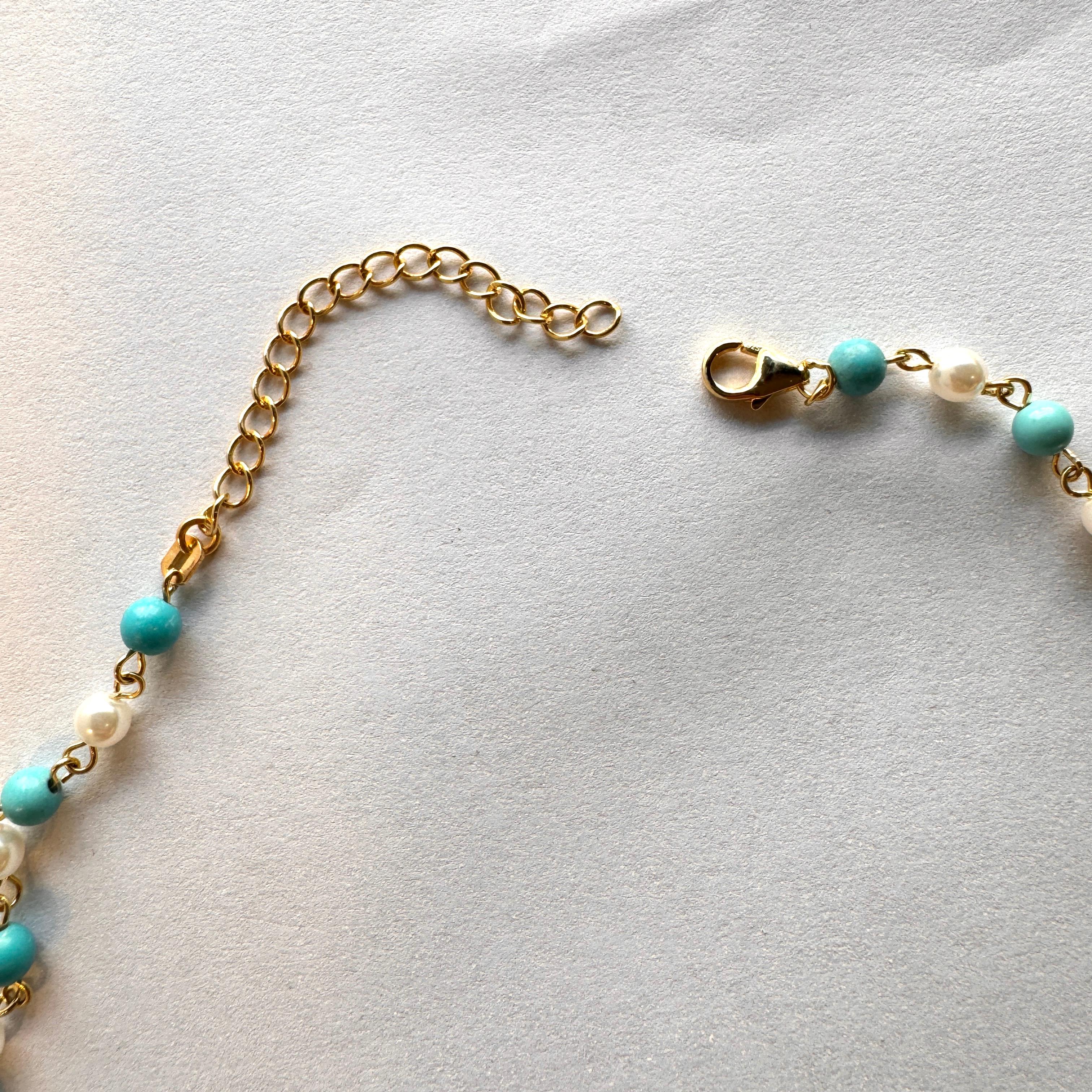 Turquoise and Pearl Row Necklace Gold