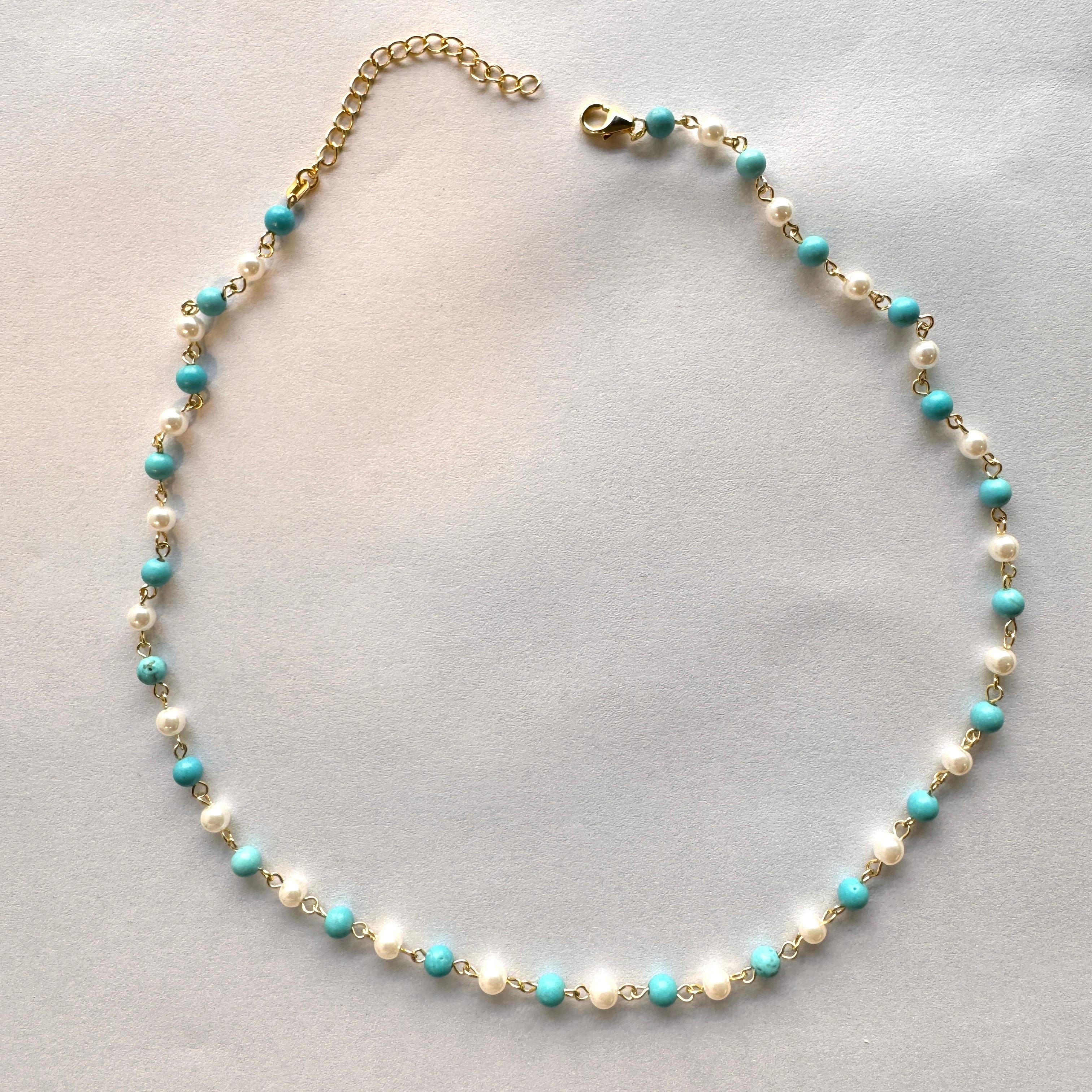 Turquoise and Pearl Row Necklace Gold