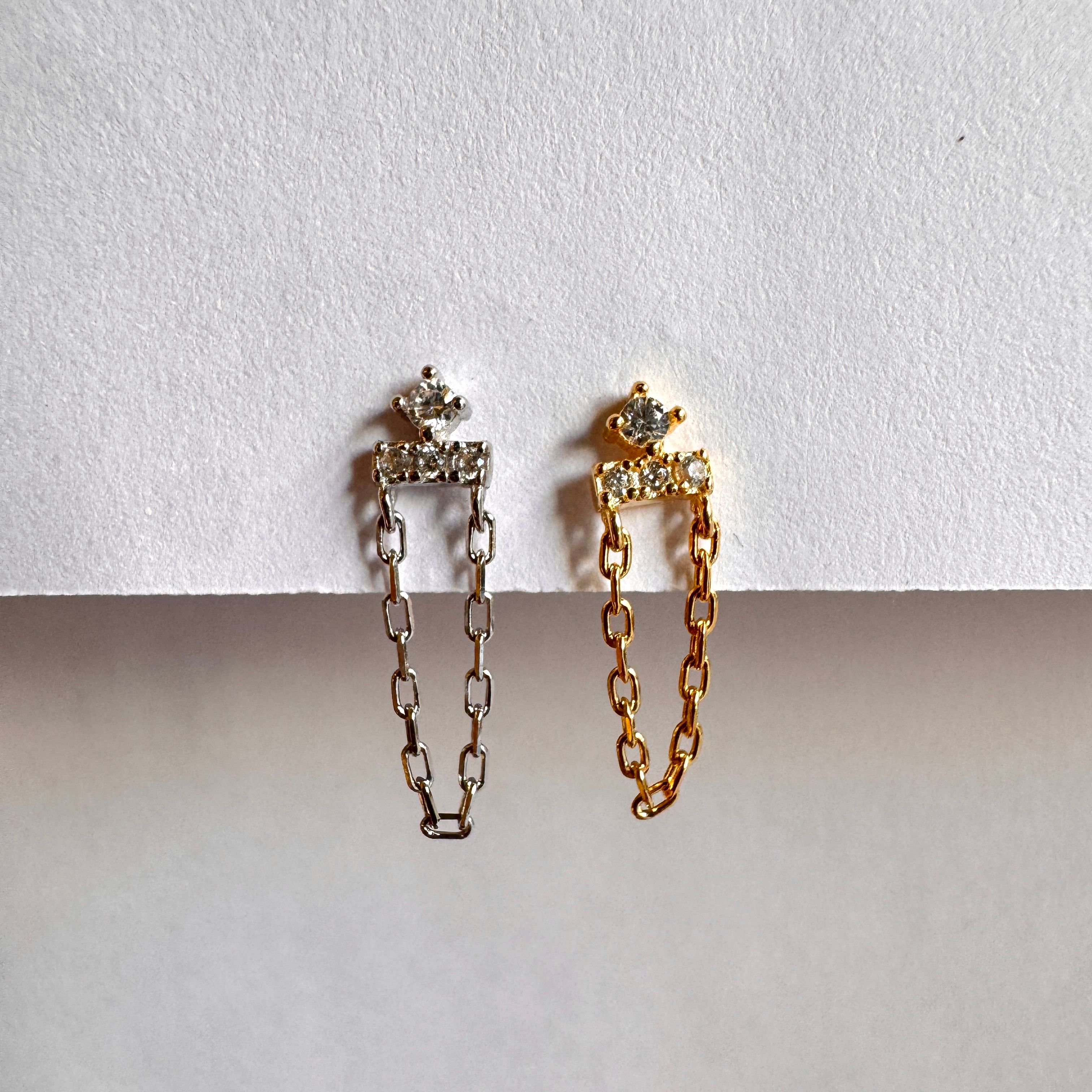 Zincirli Taşlı Baton Stud Küpe-Tek