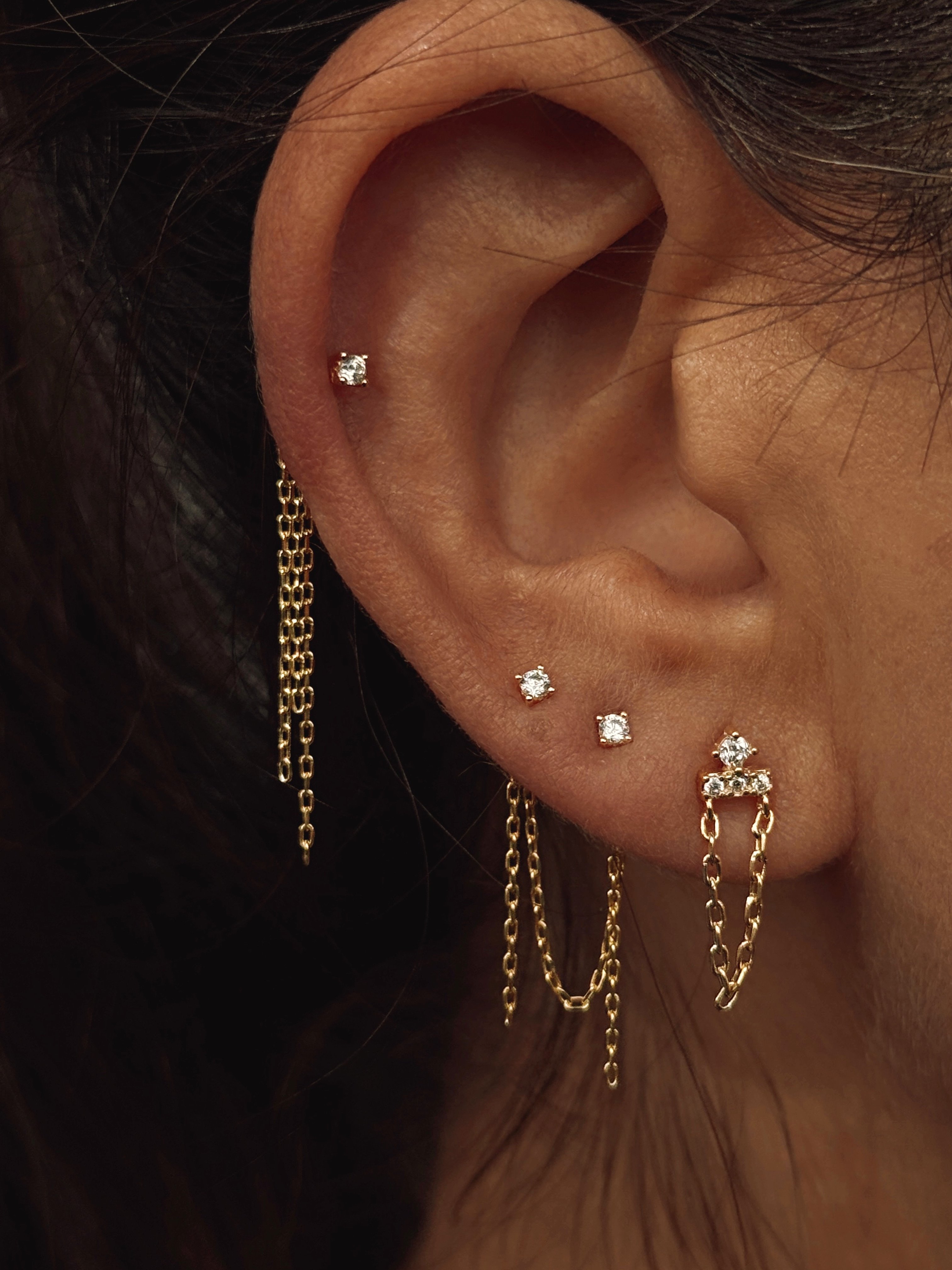 İkili Tektaş Zincir Sallantı Stud Küpe Gold-Tek