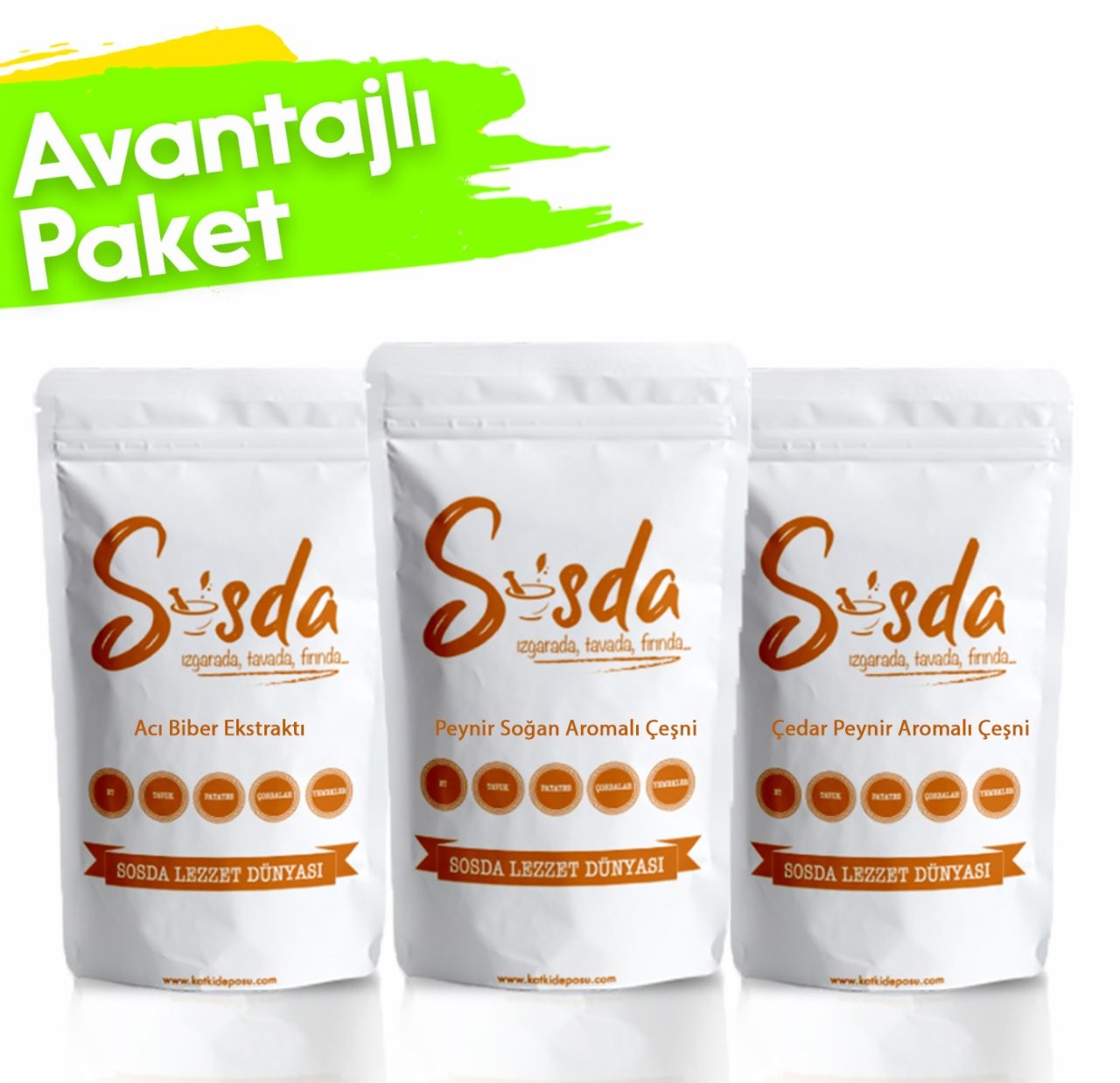 Sosda Çedar Peynir Aromalı Çeşni 100 gr + Acı Biber Ekstraktı 100 gr + Peynir Soğan Aromalı Çeşni 100 gr