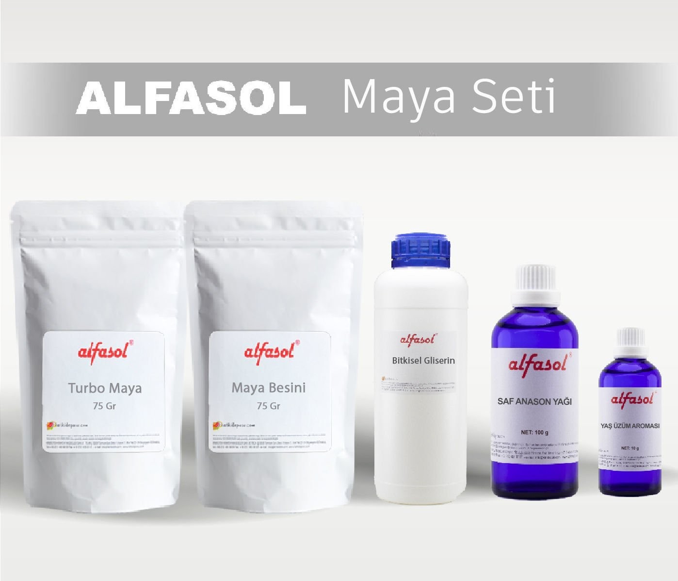 Alfasol 75Gr Turbo Maya + 75Gr Maya Besini + 100 Gr Anason Yağı + 10 Gr Yaş üzüm Aroması + 250 Gr Gliserin Seti