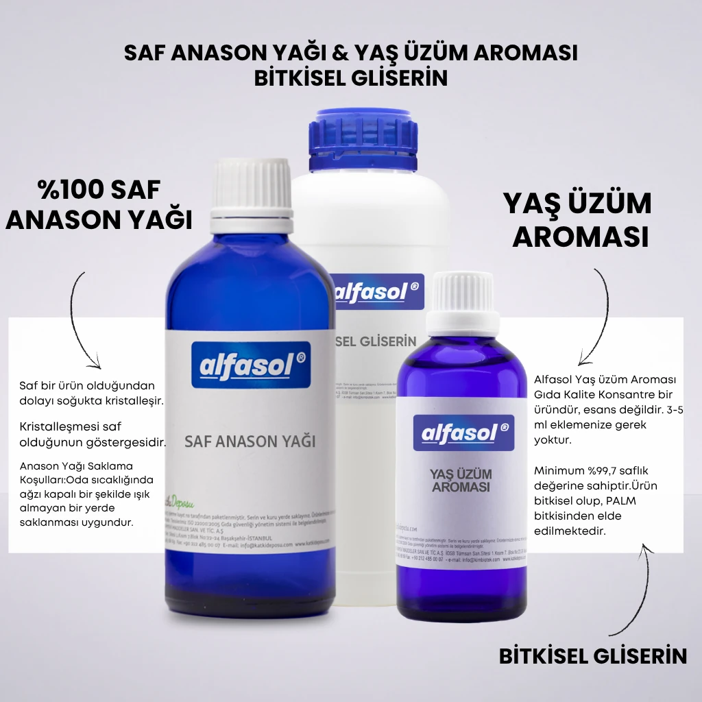 100 Gr Alfasol Anason Yağı + 250 Gr Gliserin + 30 Gr Yaş üzüm Aroması