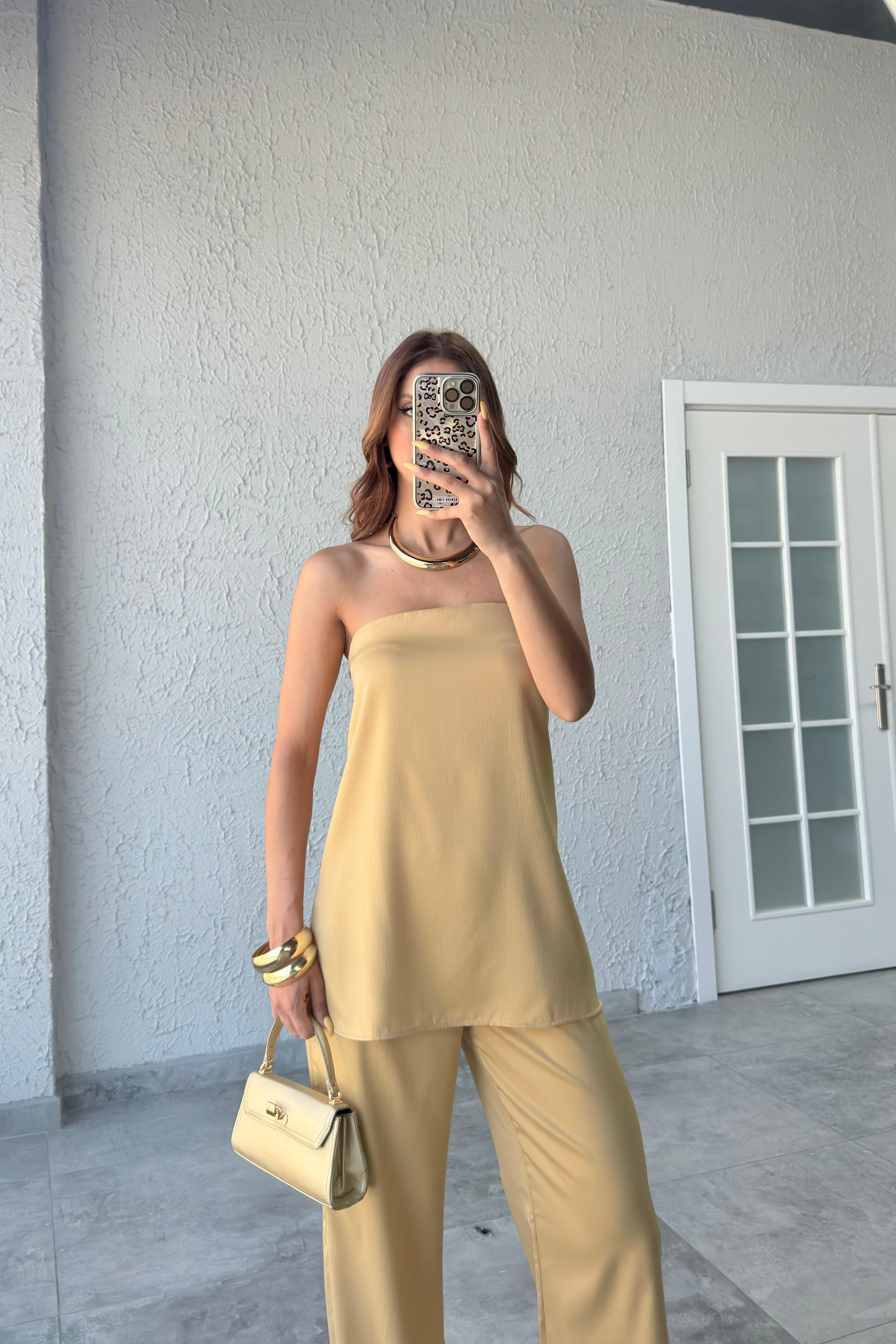 SATEN STRAPLEZ BLUZ PANTOLON TAKIM - hardal