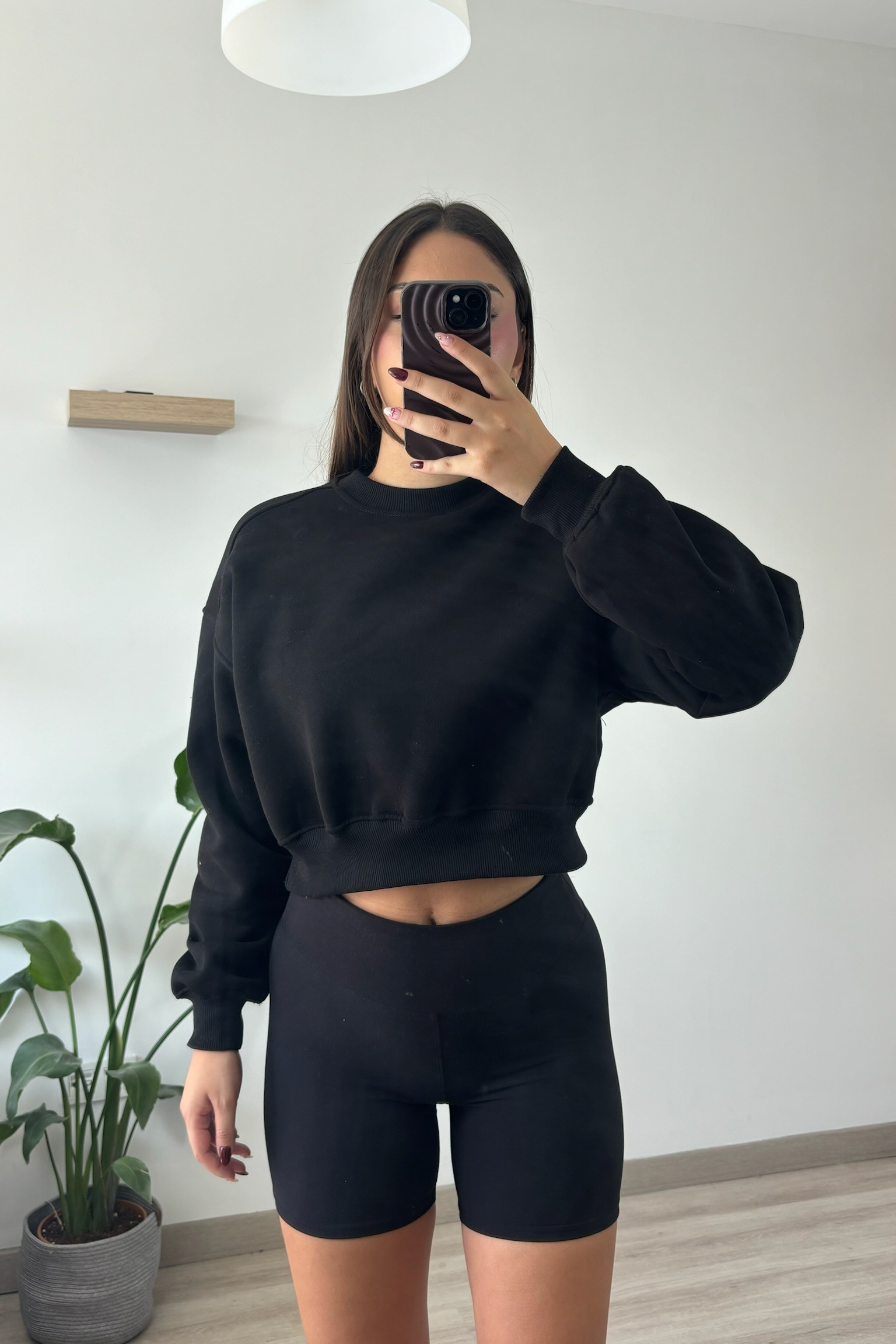 BASİC ÜÇ İPLİK CROP SWEATSHİRT - siyah