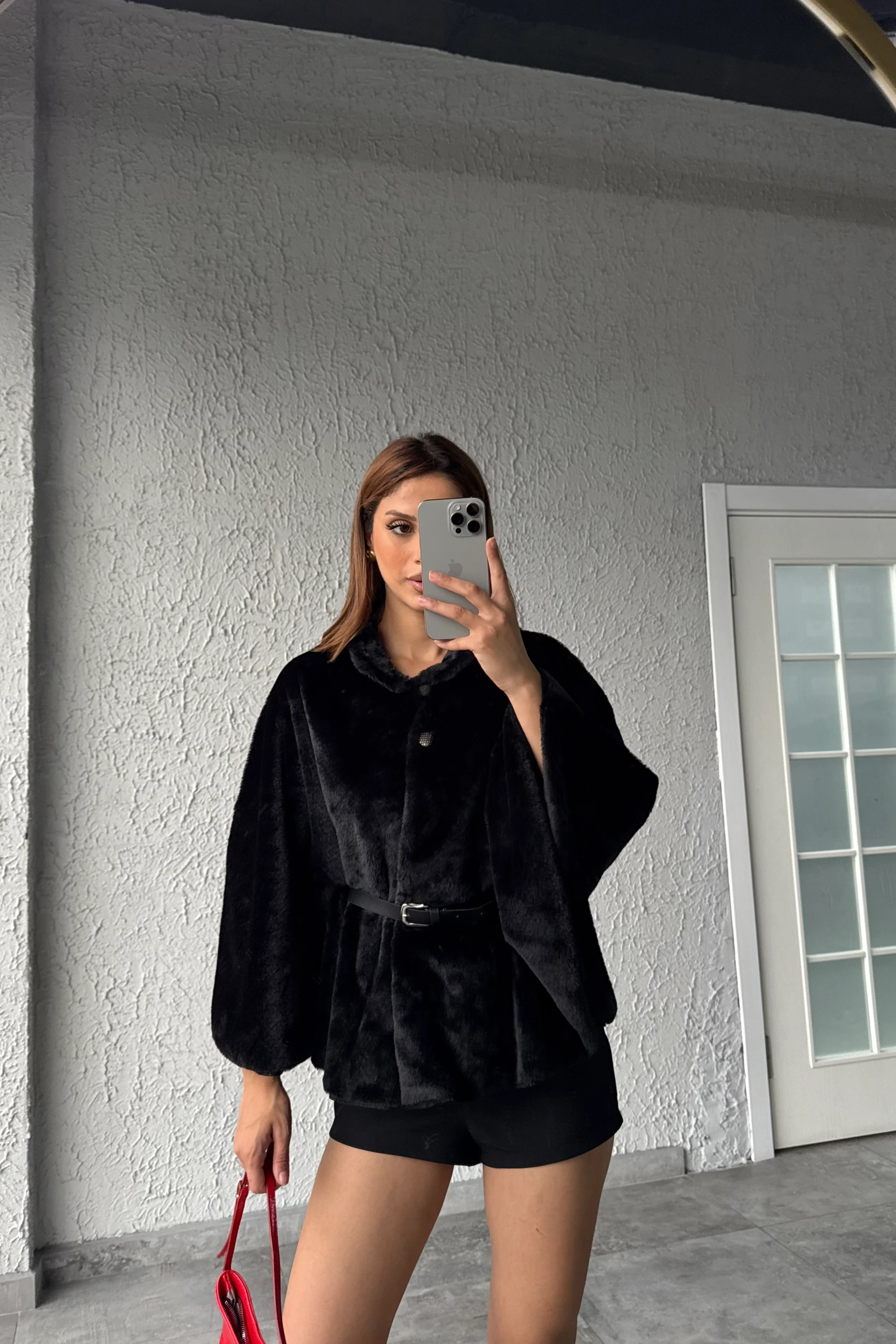 ÇİFT DÜĞMELİ KEMERLİ PANÇO - siyah